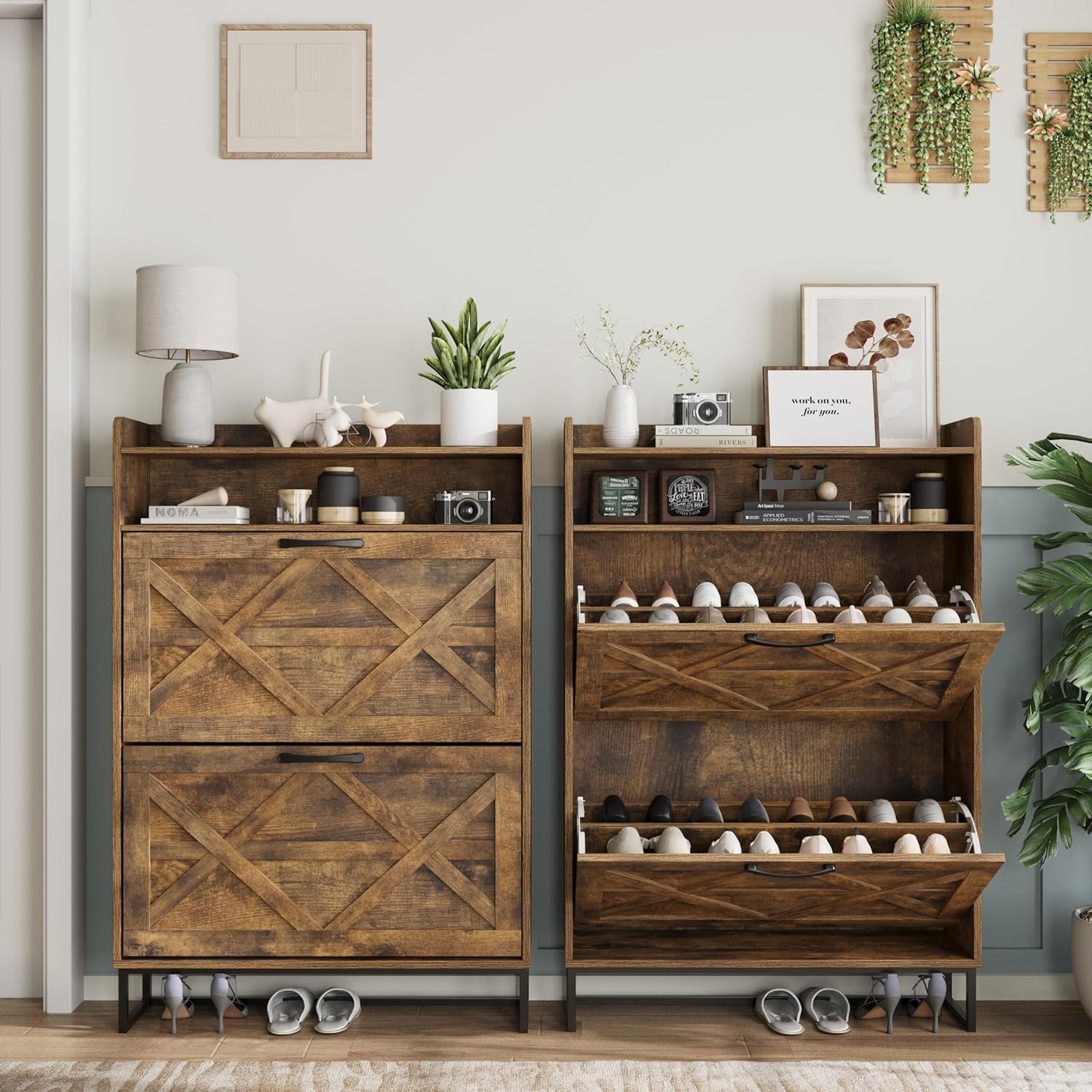 Farmhouse Shoe Storage Cabinet with 2 Flip Drawers and Barn Door Design, Modern Hidden Slim Narrow Shoe Rack Cabinet for Entryway, Hallway, Living Room, Brown