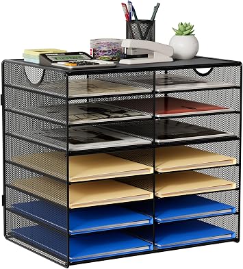 EasyPAG Paper Trays for Classroom 14 Tier Mesh Desk Organizer Shelves with Handle A4/Letter Size File Folder Organizer Shelf for Office, School, Home, Black
