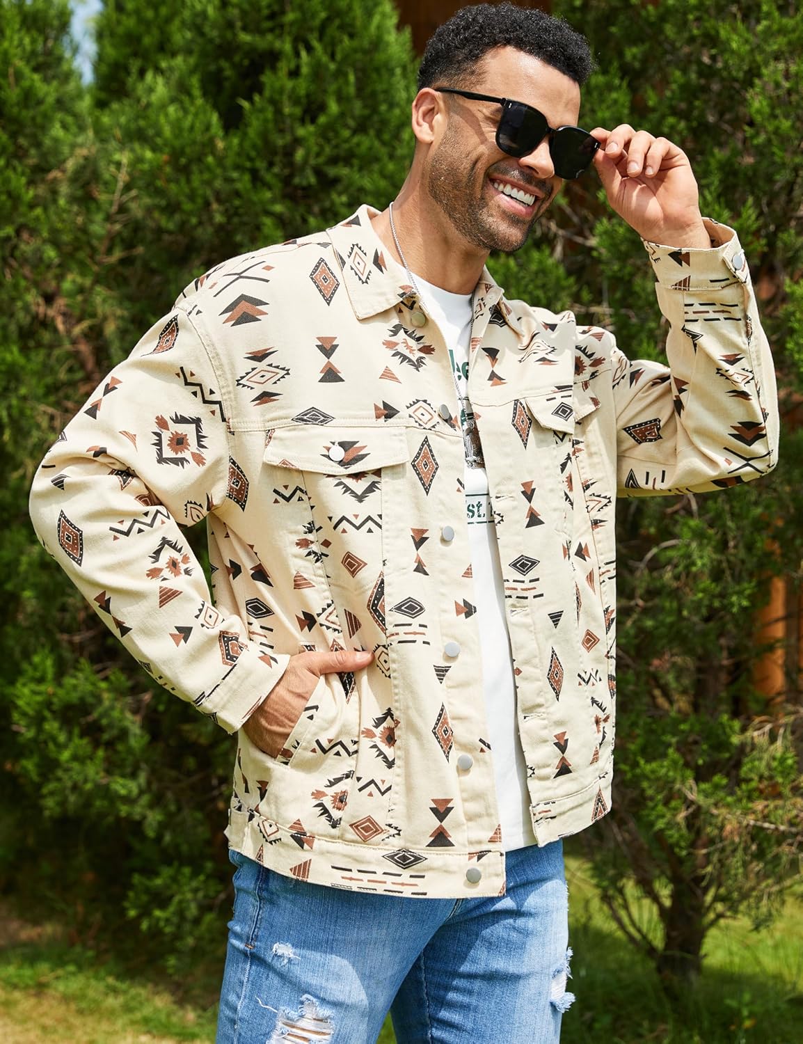 Bindefon Aztec Print Jean Jacket Men Trucker Unlined Coats Button Down Collar Tops Fall Outfits White Elephant Gifts - Image 4