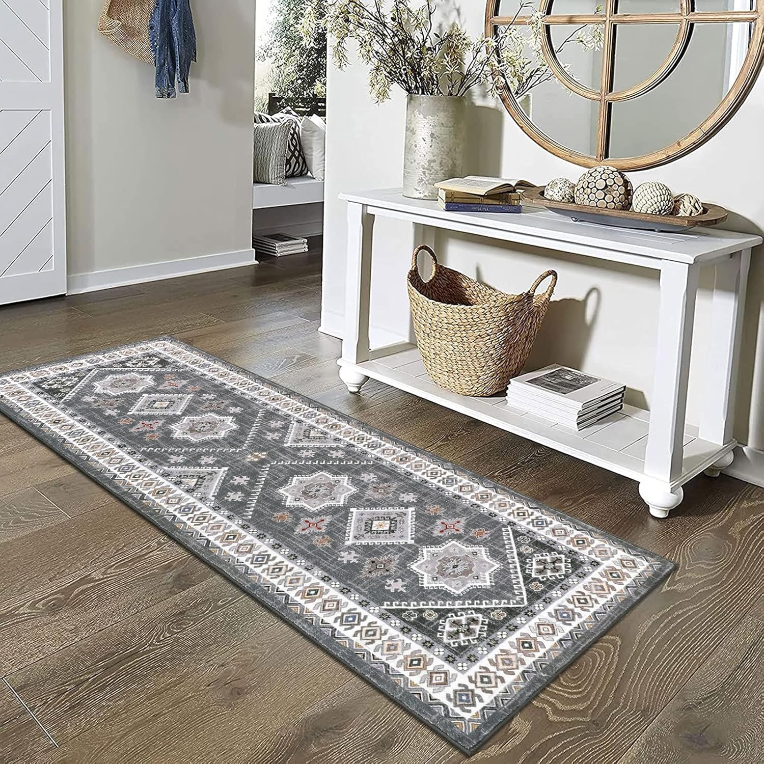 HEBE Runner Rug 2x6, Non Slip Washable Boho Rug Runners for Hallway, Vintage Floor Carpet Runner for Kitchen, Entryway, Bathroom, Bedroom, Farmhouse, Laundry,Grey