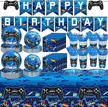 Tiamon 172 Pcs Video Game Party Decoration - Serves 24 Gaming Party Tableware Supplies Include Happy Birthday Banner Plates Napkins Cups Forks Knives Spoon Tablecloth for Boy Kids(Blue)