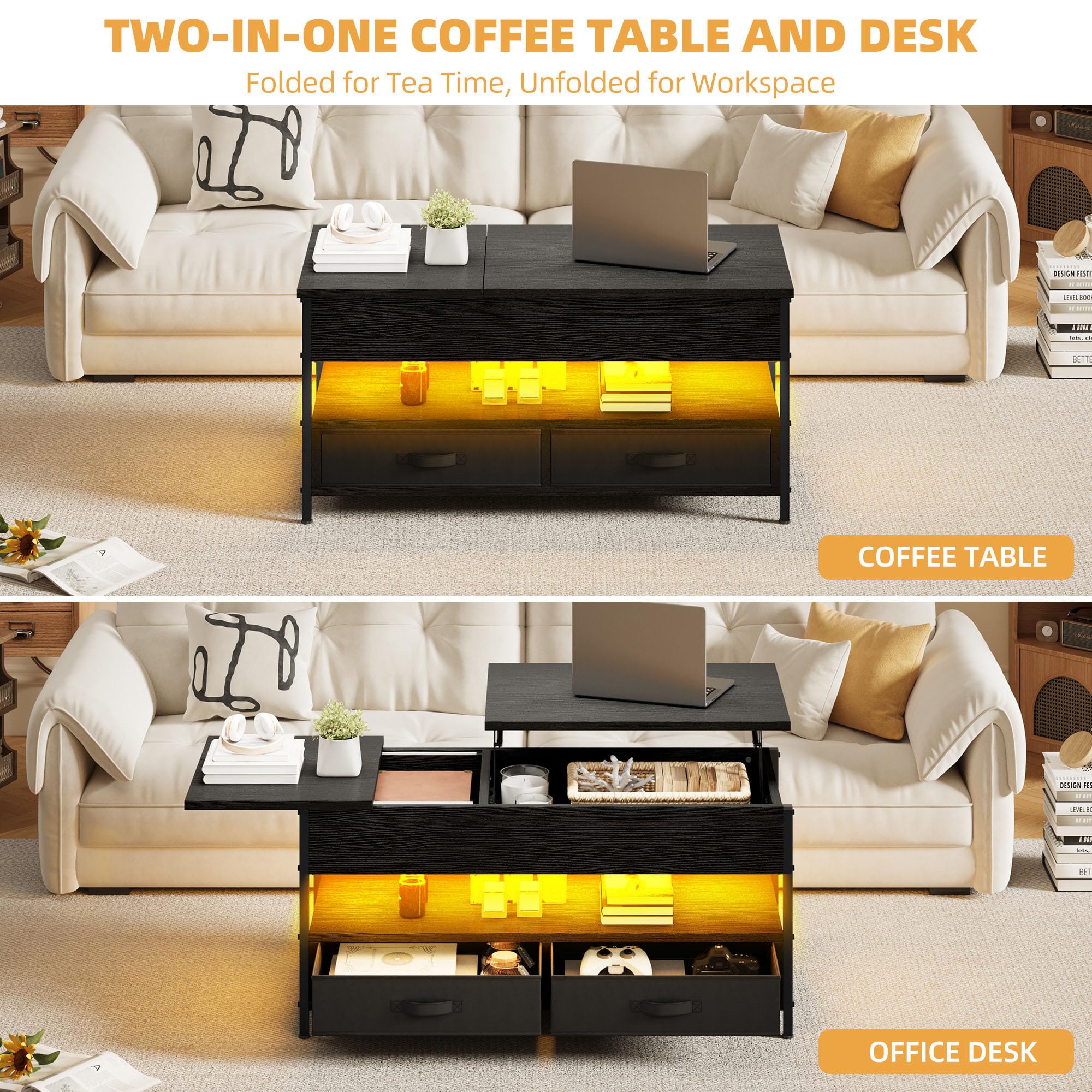 DWVO Couchtisch Höhenverstellbar mit 2 Schublade und Offener Lagerraum, LED Couchtisch mit Verstecktem Ablagefach, Wohnzimmertisch 106 x50x51,5cm