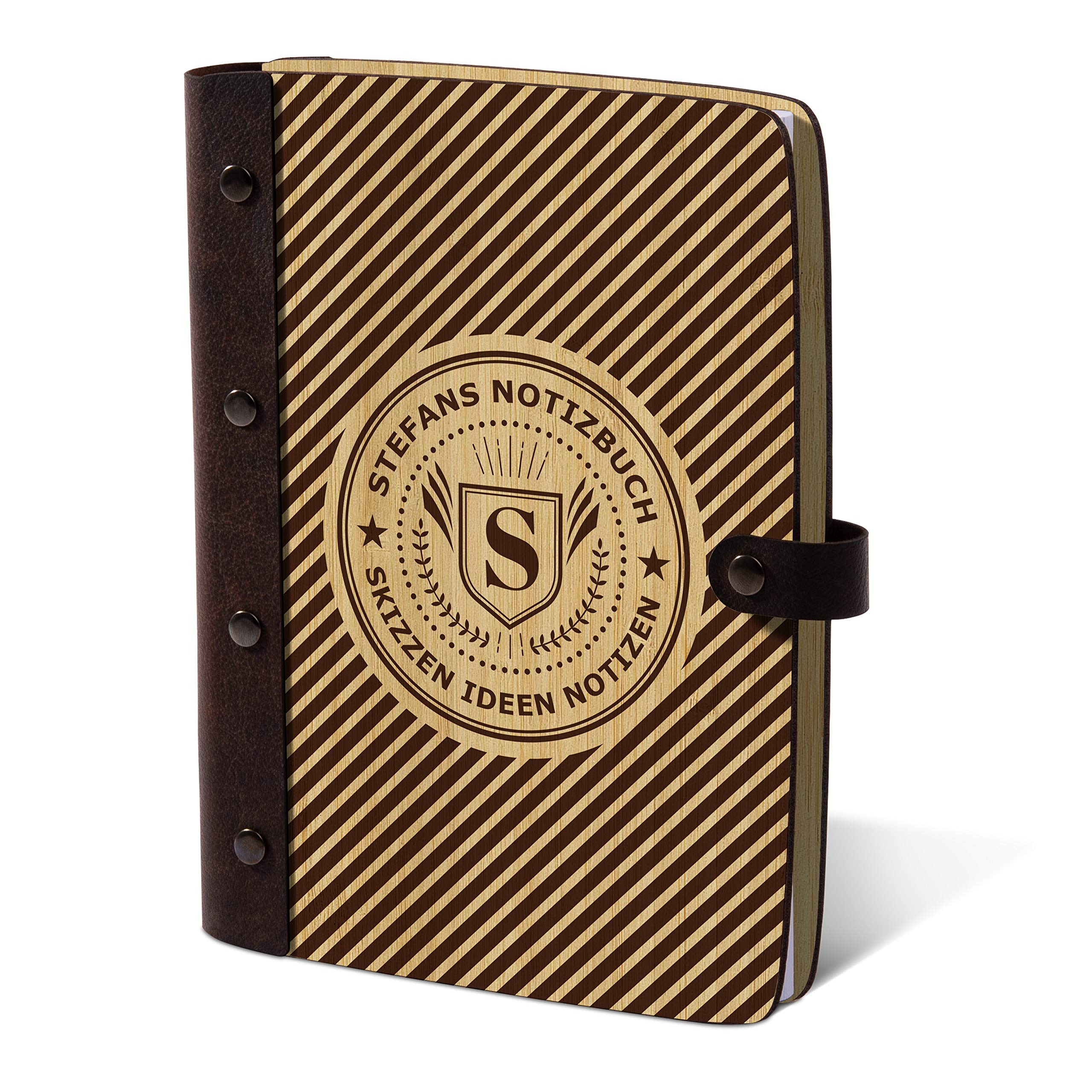 Notizbuch Holzcover individuelle Gravur mit Echtleder Rücken 72 Blatt | 144 Seiten A5 hoch 158x222mm Bambus - Streifen