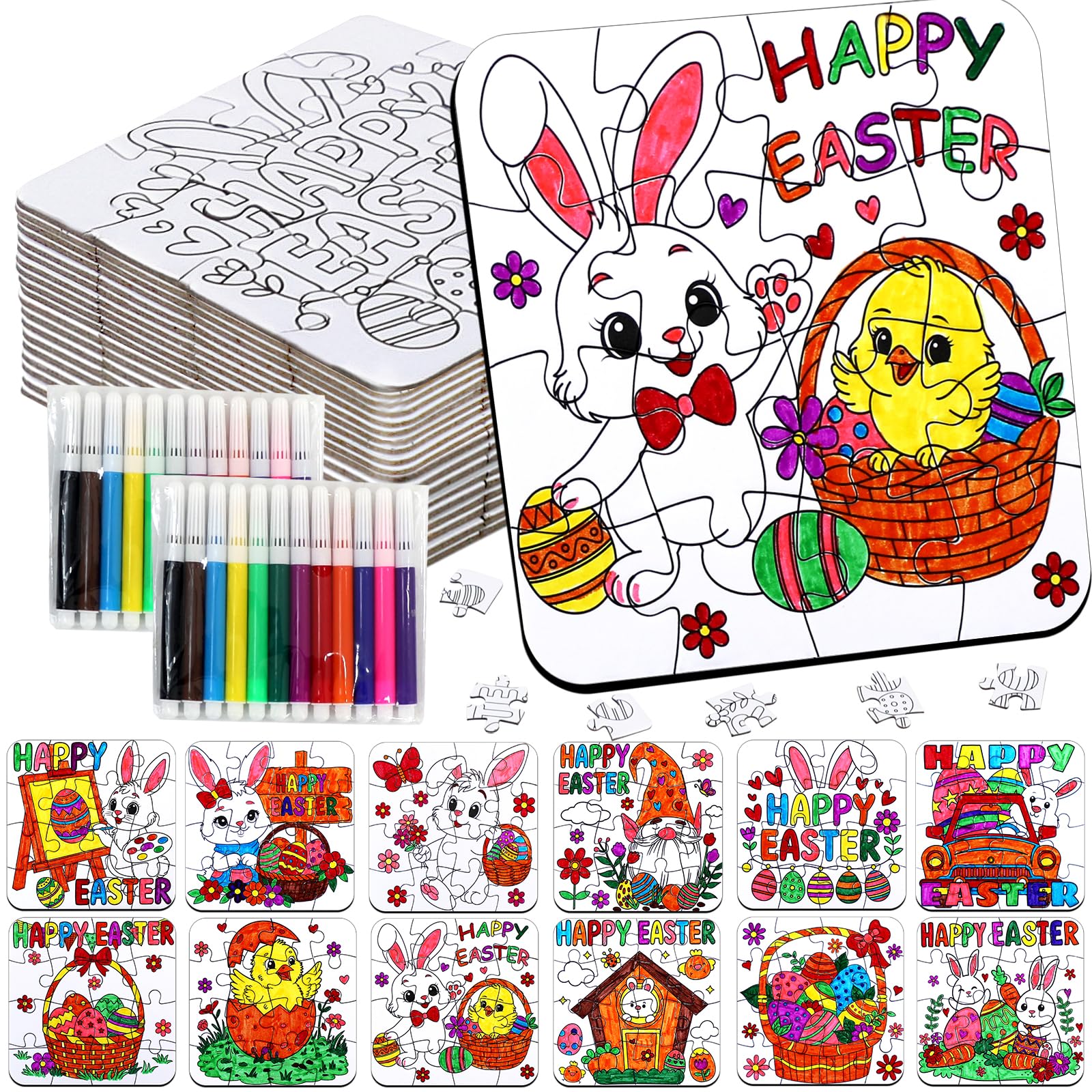 24 Pcs Easter Crafts Puzzle for Kids & Adults, Easter Gifts DIY Jigsaw with Egg Bunny Basket Flower, Spring April Arts and Craft for Party Favors Classroom Activities Coloring Games & Paper Toy Bulk