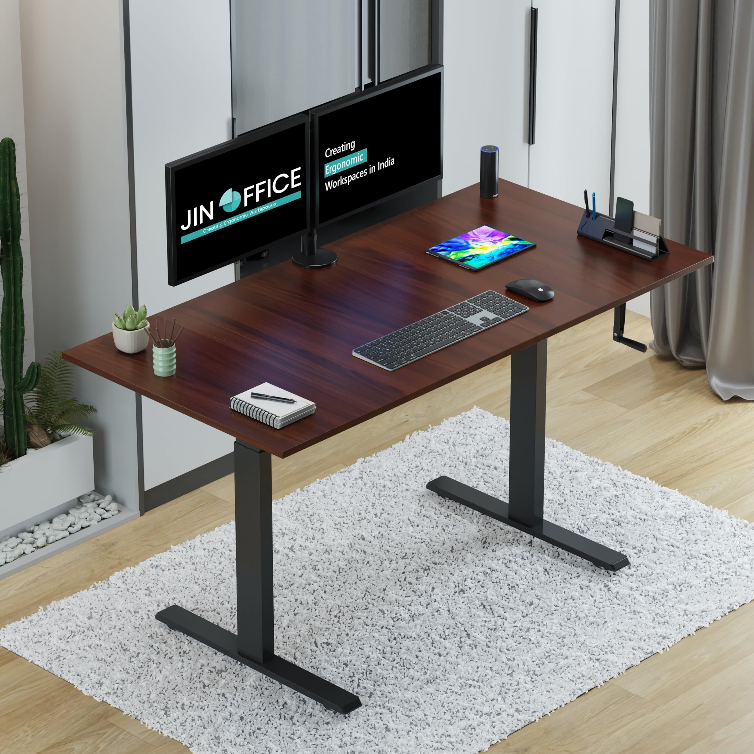 Jin Office Vertex Manual Height Adjustable Standing Desk| Hand Crank Height Adjustable Table| Sit Stand Desk| Ergonomic Table, 3 Year Warranty,80 Kg Wt. Cap| Black & Brown| 1500*750mm/ 25MM Thick Top