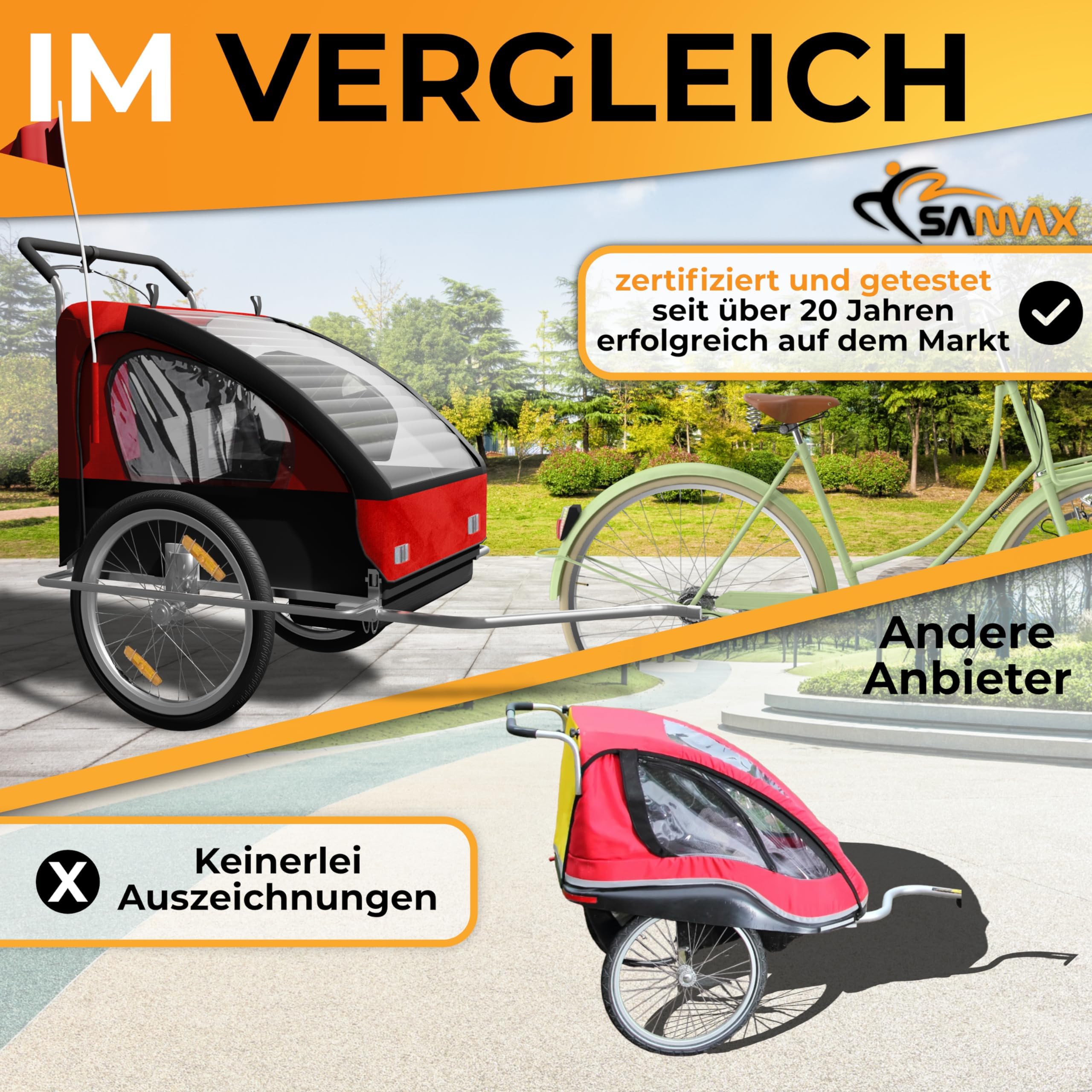 SAMAX Jogger 2in1 Kinderfahrradanhänger mit vollgefederter Hinterachse für 2 Kinder rot/schwarz - Silver Frame