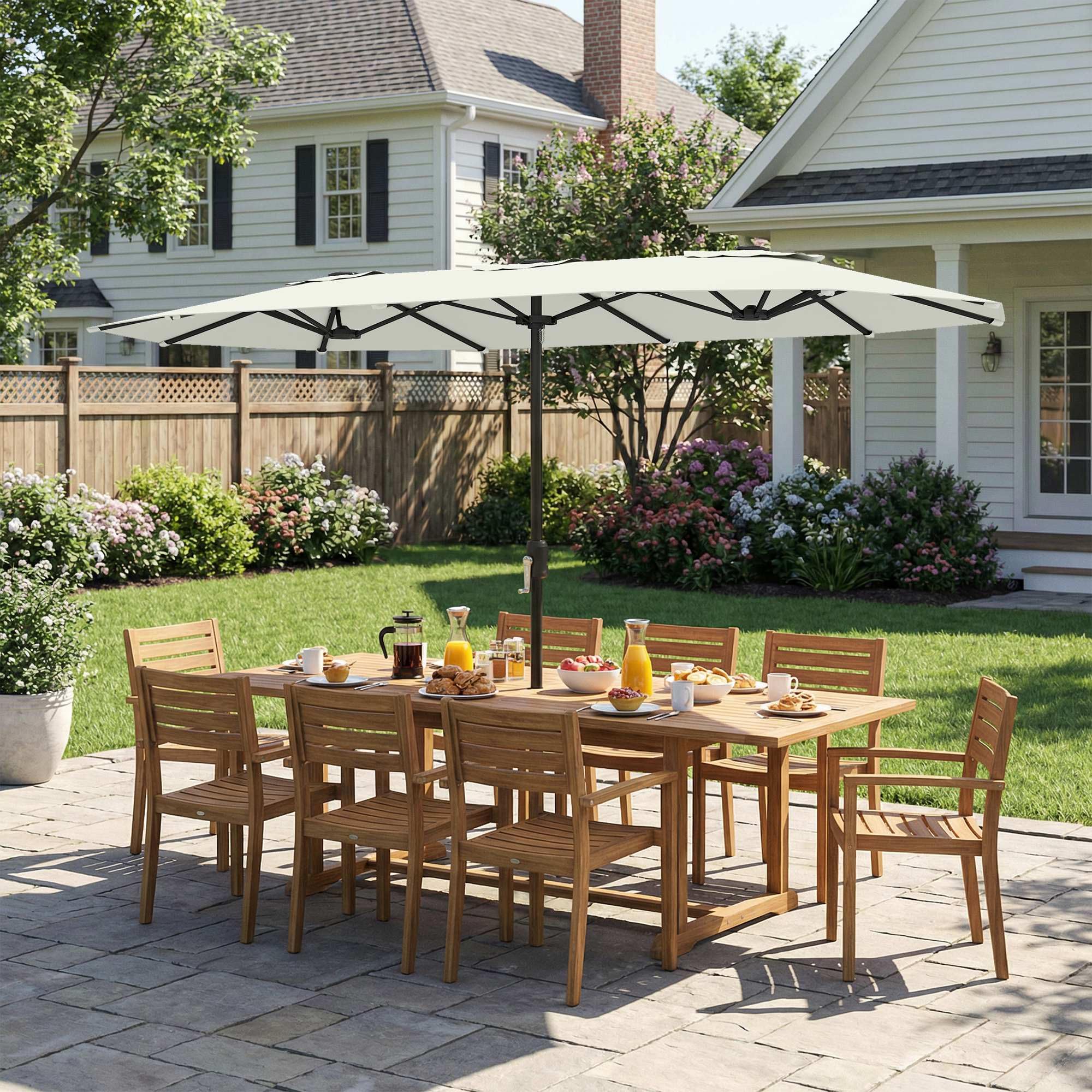 Outsunny Sombrilla Doble 4,6x2,6 m con Manivela Manual UV50+ Blanco | Sombrilla Terraza Exterior, Funda Protectora, Resistente al Agua, Parasol para Jardín, Terraza, Patio