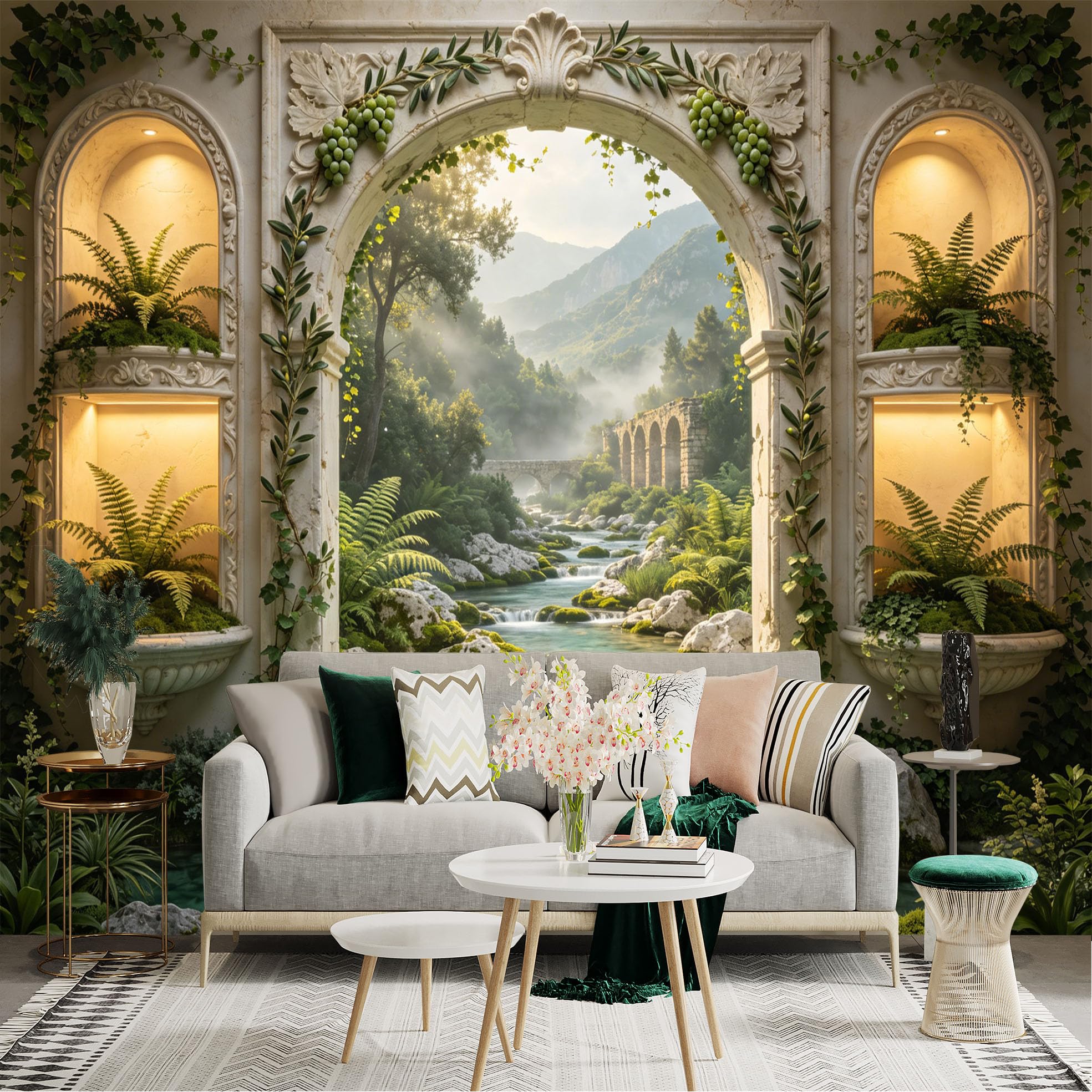 Lnzczhyre Dbh260521415 Custom Size Wall Sticker Mural， Stone Archway Window， Serene River Valley， Ancient Bridge Scenery， Lush Green Foliage， For Wall Decoration， Peelandstick Wall Decals.