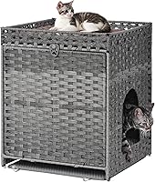 Vista 9 de Caja de arena para gatos con alfombrilla de arena suave; muebles ocultos de baño para gatos con puerta; casa de gato tejida a mano con gran espacio