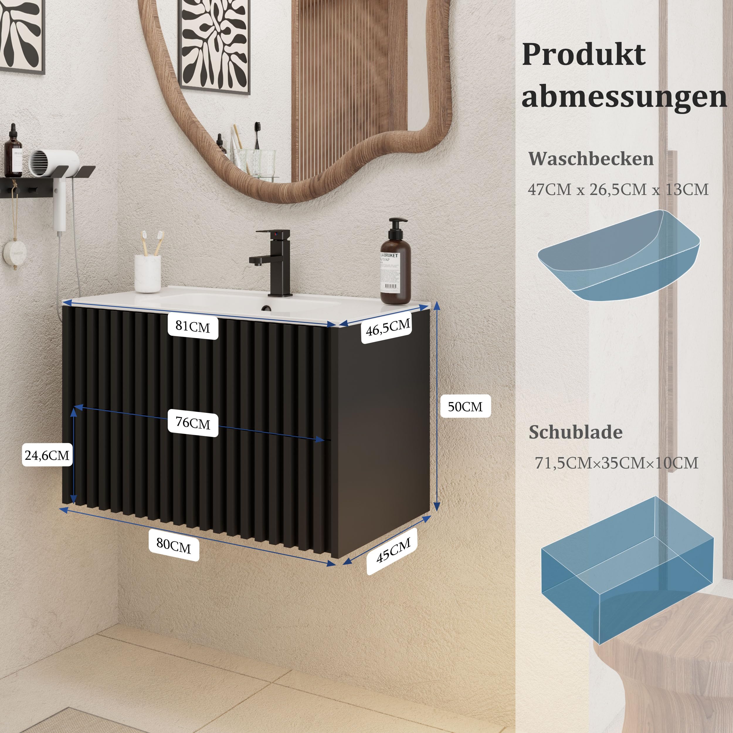 UEV Waschtisch mit Unterschrank, Waschbeckenunterschrank 80cm hängend, Waschplatz, Keramik Waschbecken, Badezimmmer Möbel für Gäste WC, Badmöbel Set, Schwarz