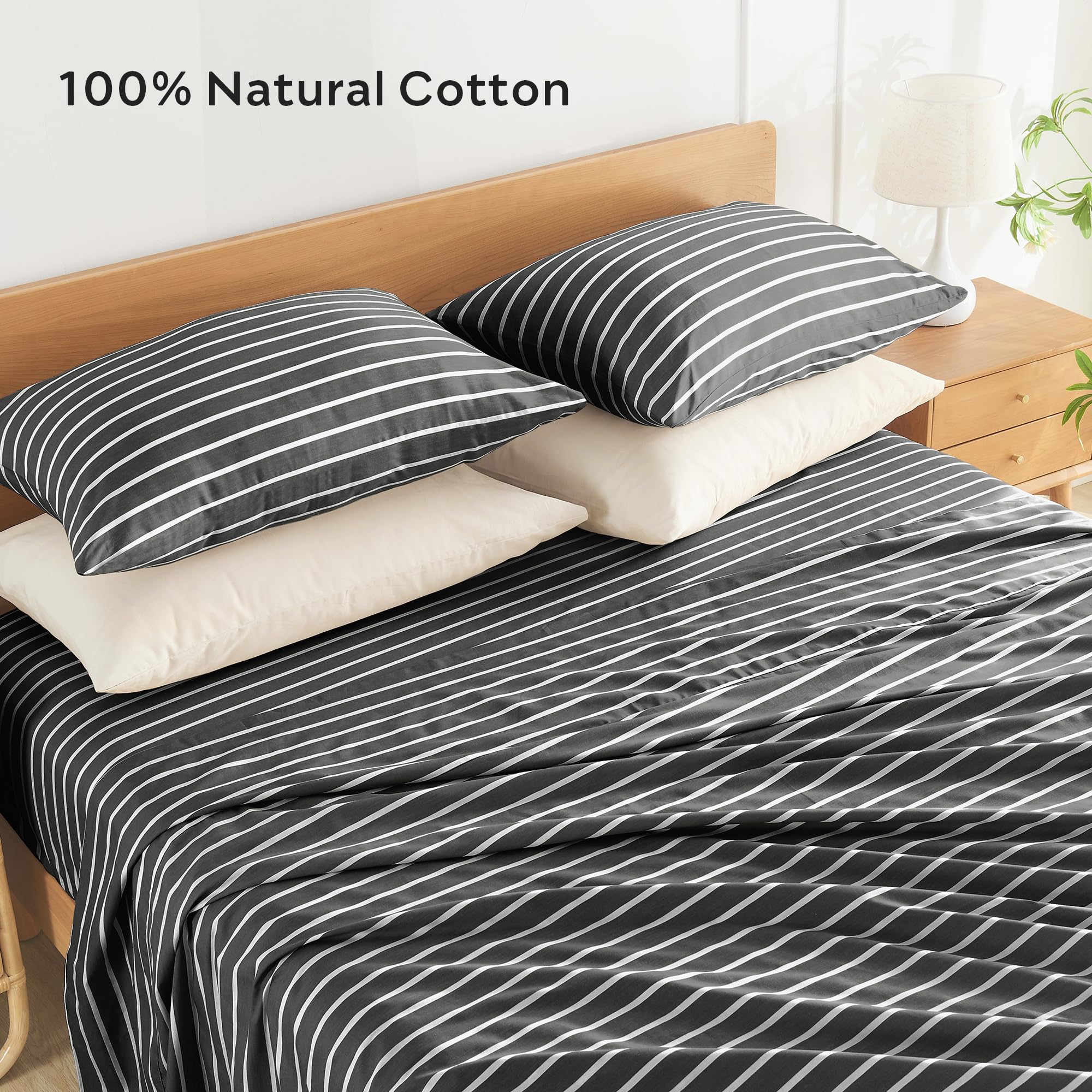 JELLYMONI 100% Natural Cotton 3pcs Striped Duvet Cover Sets, White Duvet Cover W