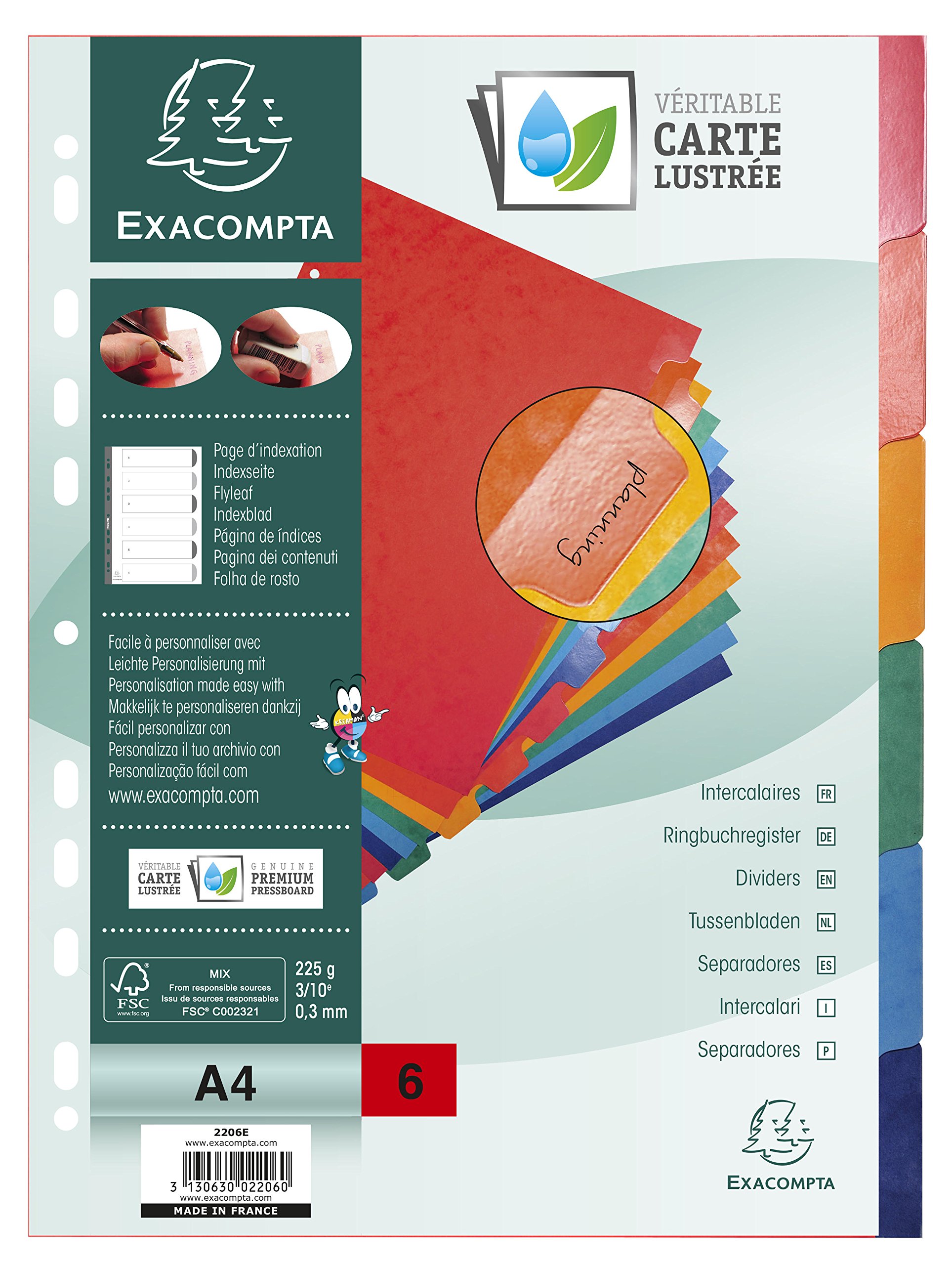 Exacompta - Ref 2206E - Nature Future Dividers - Suitable for A4 Documents, Pre-Punched, 225gsm Genuine Pressboard, 6-Part Dividers, FSC-Certified - Multi-Coloured