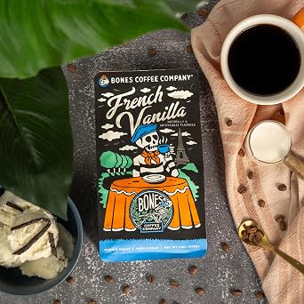 Bones Coffee Company French Vanilla, Creamy Vanilla and Highland Grog, Butterscotch Caramel Flavored Coffee, Medium Roast Low Acid Arabica Beans, 12 Oz Ground