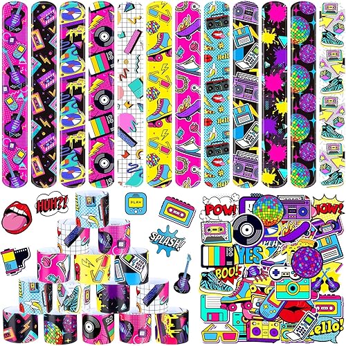 Sinmoe 86 pulseras de fiesta de los años 80 y 90 a granel, recuerdos de fiesta temática de regreso a los 80, pulseras a presión con calcomanías