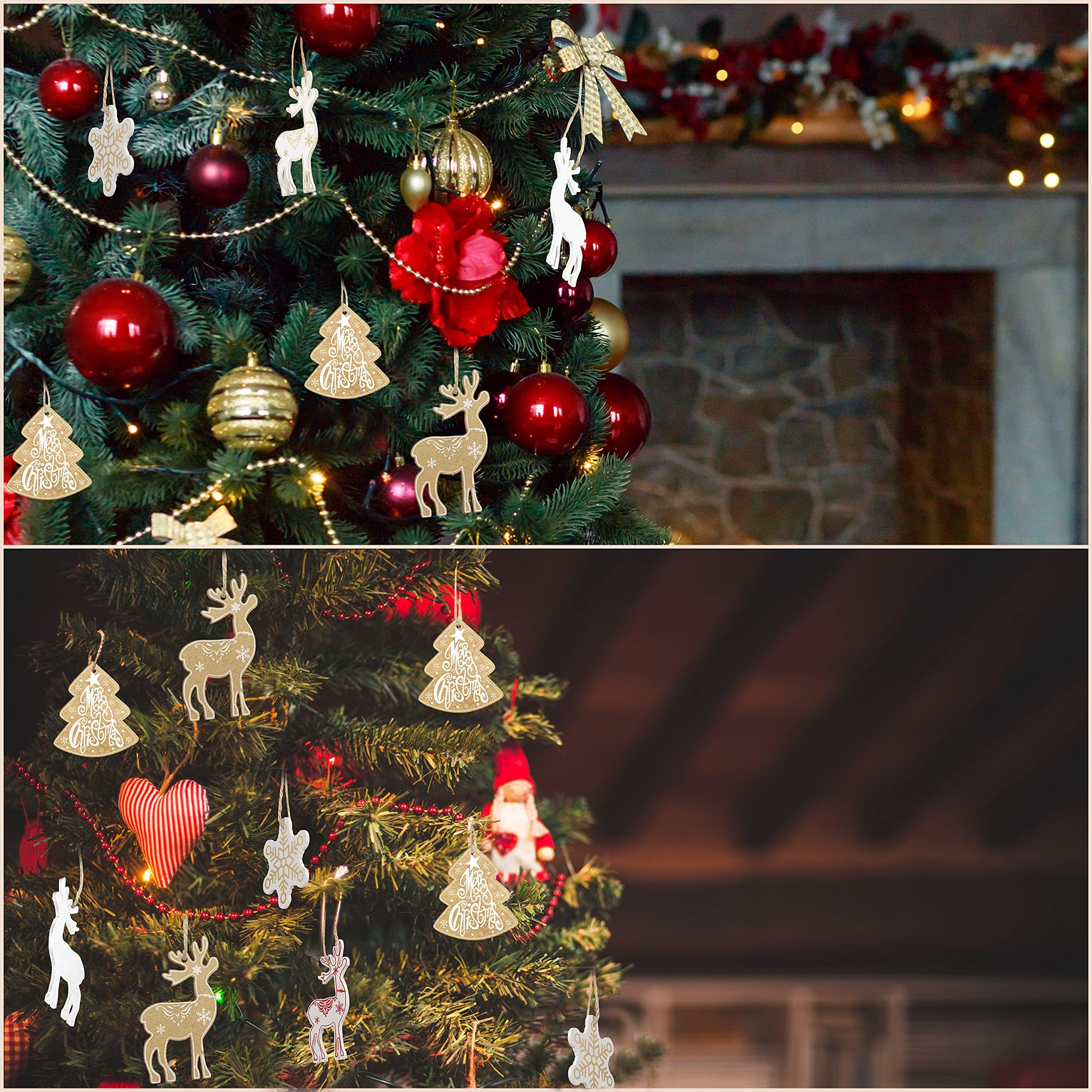 Lot De 2 Boîtes De Décoration De Noël En Bois - 24 Pendentifs Peints (étoiles, Cœurs, Boules, Rennes) Pour Sapin, Rouge Et Blanc