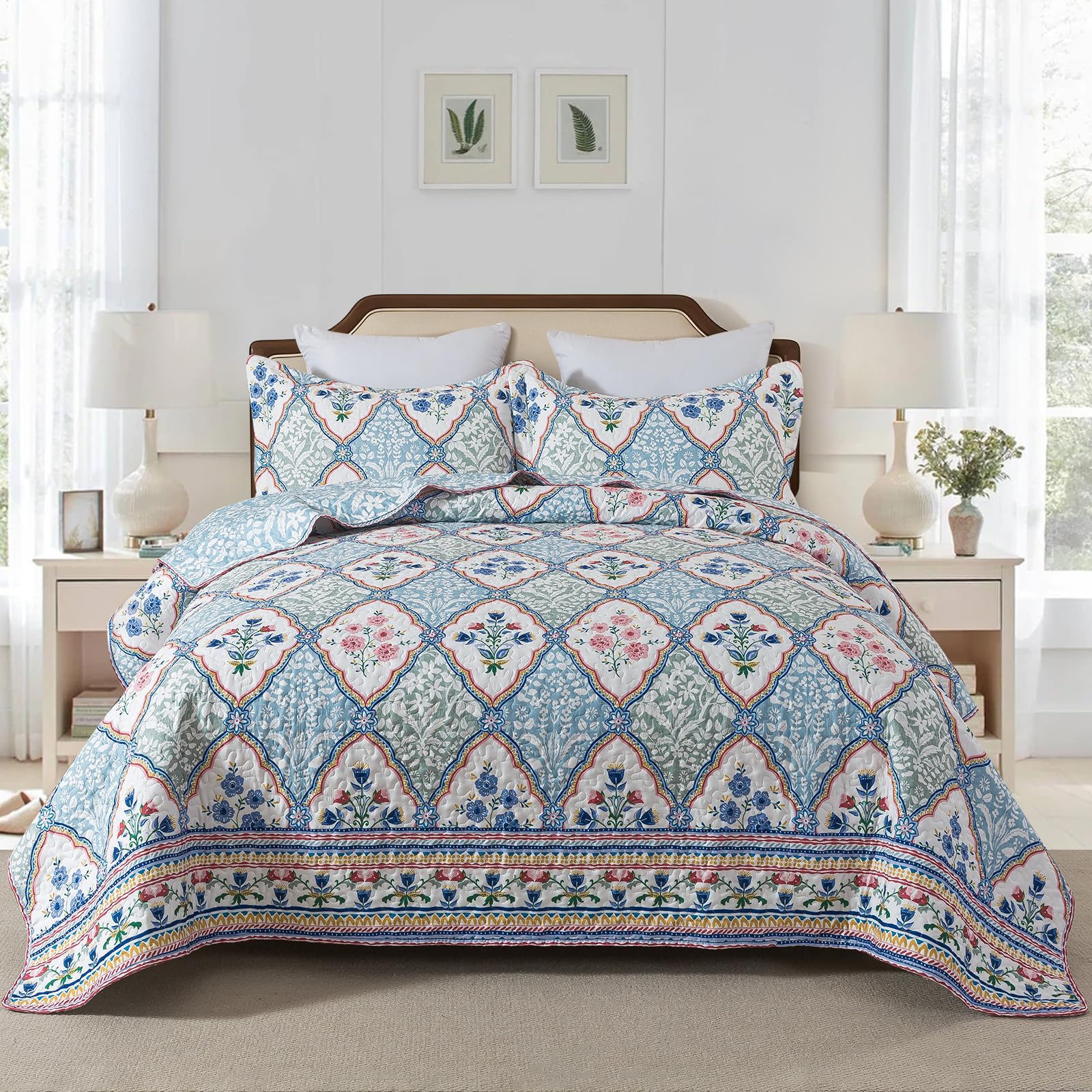 NEWLAKE Quilt Set Queen Size, Bedspread Sets Elegant Floral, Reversible Quilt Bedding Set Lightweight and Breathable for All Seasons, Soft Quilted Bedspread with 2 Pillow Shams