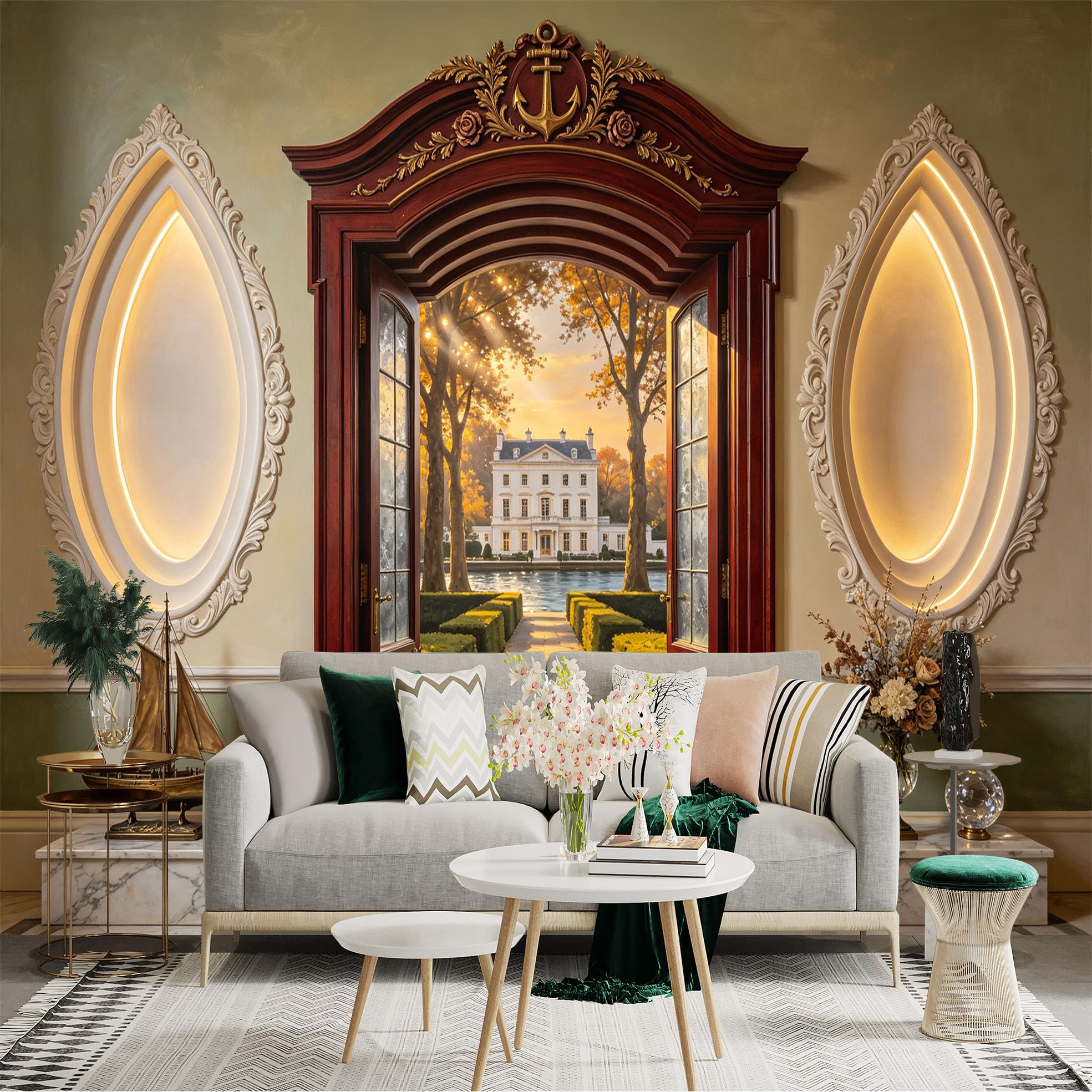 Custom Size Wall Sticker Mural， Elegant Mansion Entrance， Open Wooden Door， Garden Path Sunset， Luxury Interior， for wall Decoration， peelandstick wall Decals.
