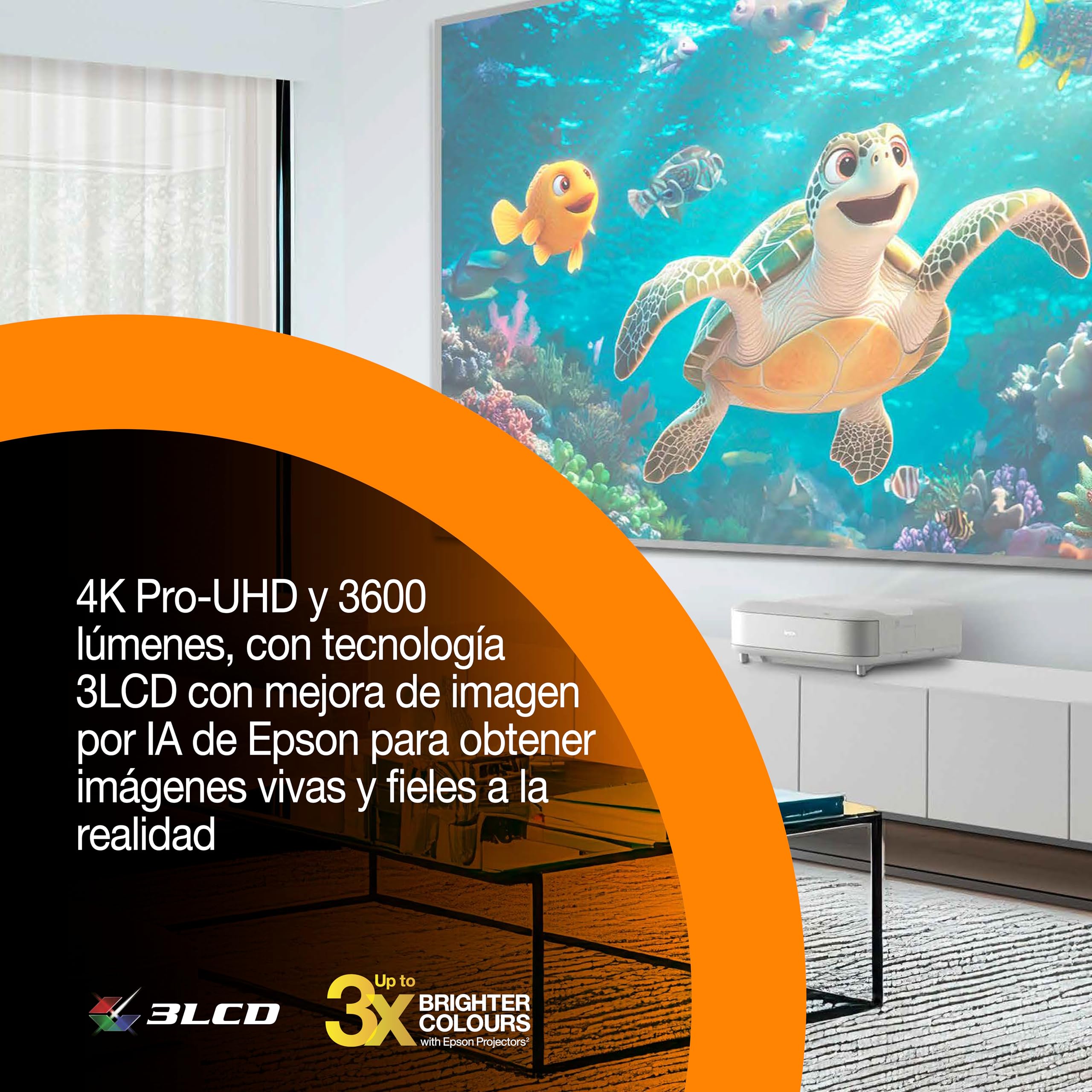 Epson Lifestudio Grand EH-LS670W | Proyector láser Smart TV de distancia ultracorta | 4K Pro‑UHD | 3600 lúmenes | Imágenes con IA | Sound by Bose | Google TV | Hasta 120″ | Garantía de 5 años | Blanco