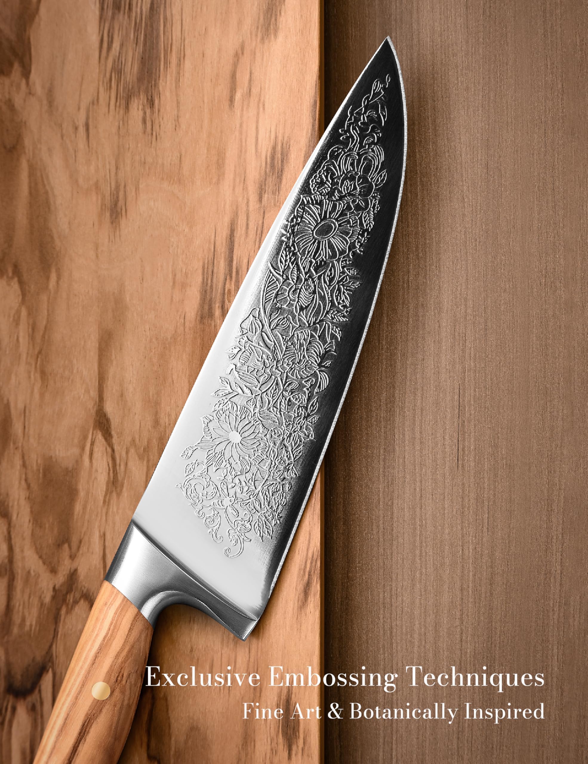 Chef Kitchen Knife 8", Embossed Botanical Blade, Olive Wood Handle — Amazon image 4