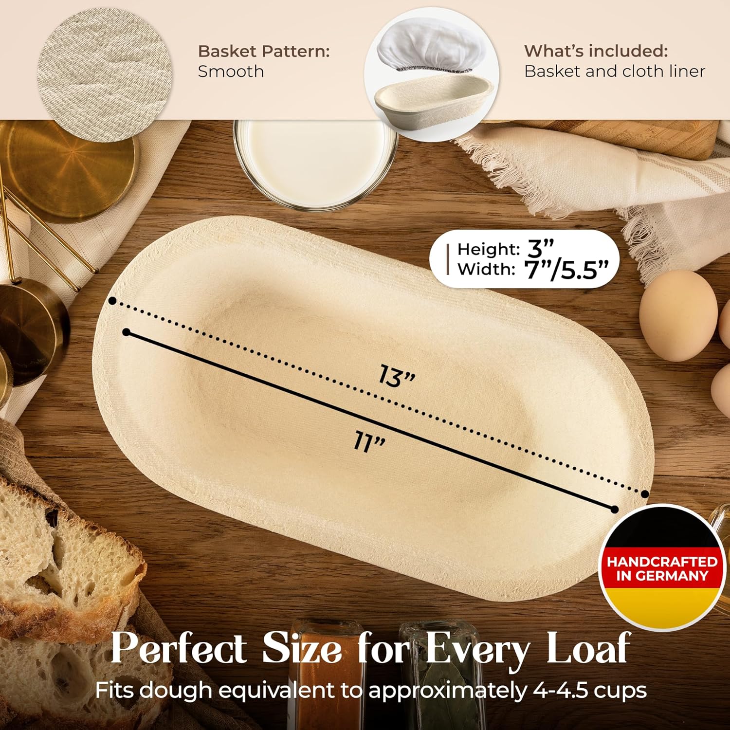 Wood Pulp Banneton Bread Proofing Basket Set for 2.2 LB Loaves – Round Grooved & Oval Smooth Brotform Baskets – Non-Stick Natural Wood Pulp, Made in Germany Proofing Baskets for Sourdough Bread