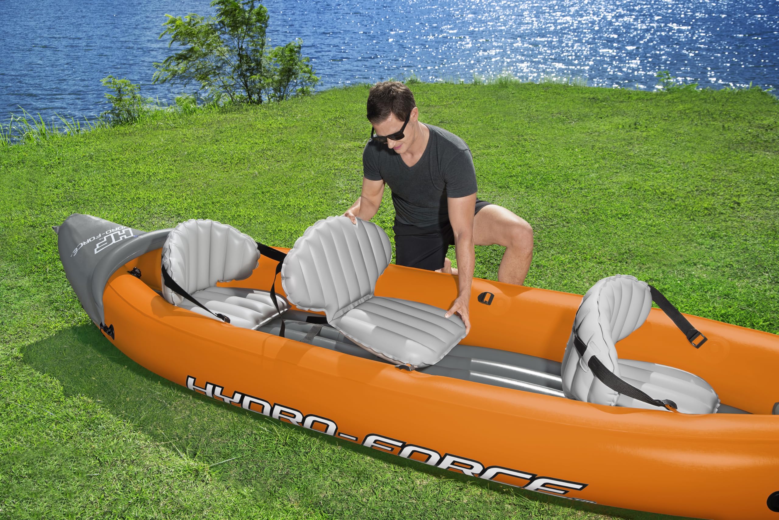 Bestway | Hydro-Force Rapid X3 Kayak | Juego de Botes inflables con Bomba de Mano, Remo, Asientos, Aletas y Bolsa de Almacenamiento | Tres plazas