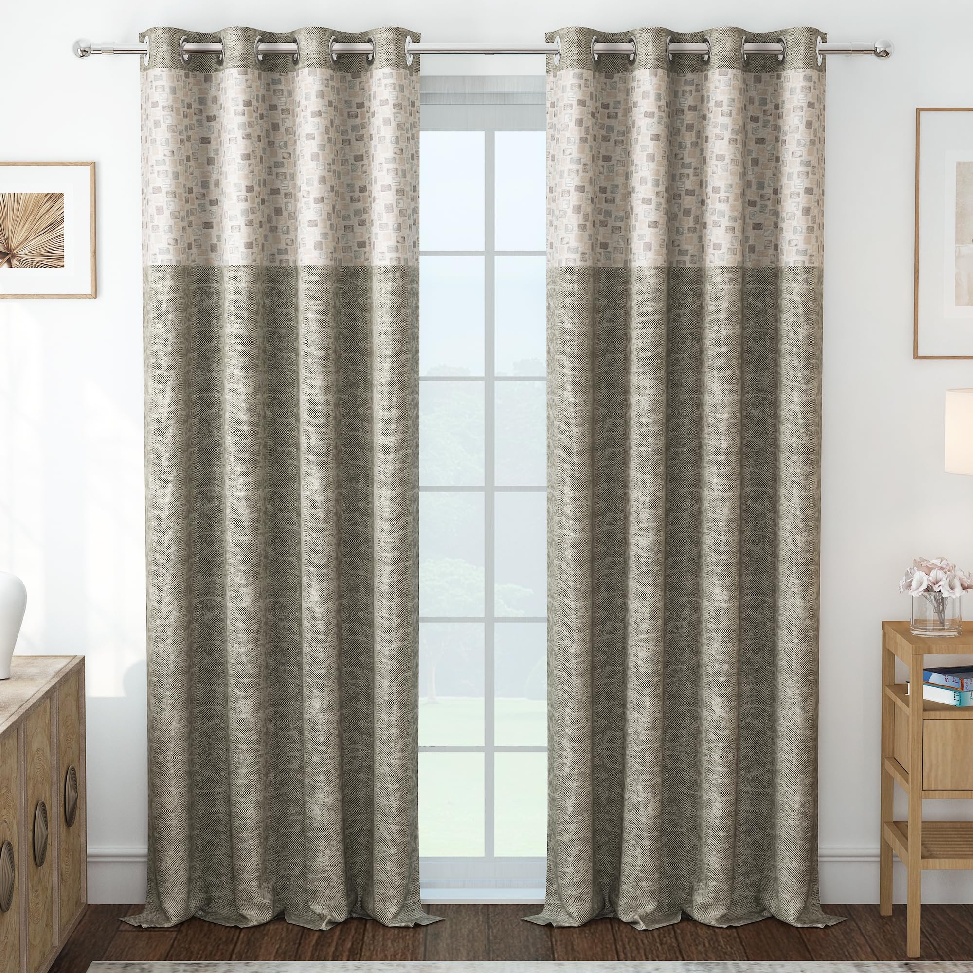 Door Curtains 7 Feet Long Pack of 1 | Geometric Printed | Medium Room Darkening Curtain | Curtains for Living Room | (118 x 215 cm, Beige) | Perfect for Home Decor