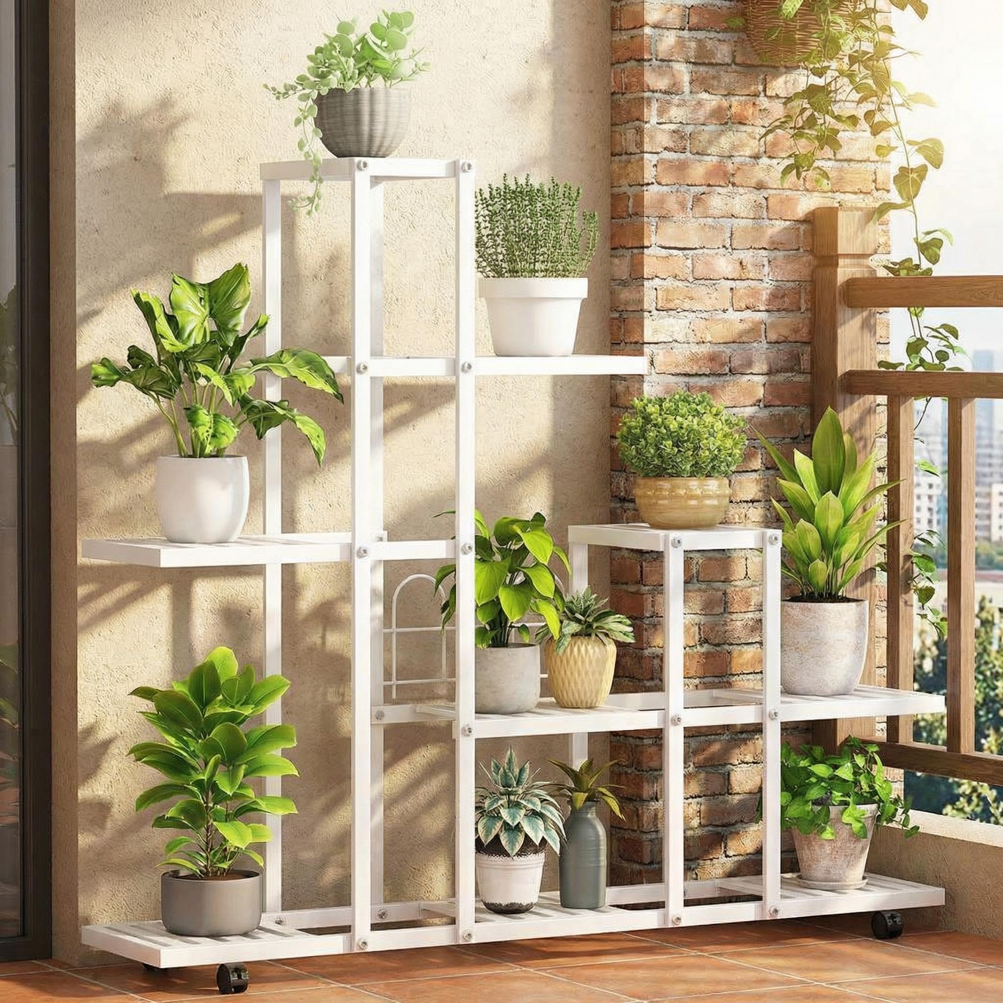 GarveeHome Platzsparender Pflanzenständer Mit Rollen – Ein Mehrstufiges, Robustes Pflanzregal, Geeignet Für Wohnzimmer, Balkone, Gärten Oder Garagen – Rostbeständig Weiß.