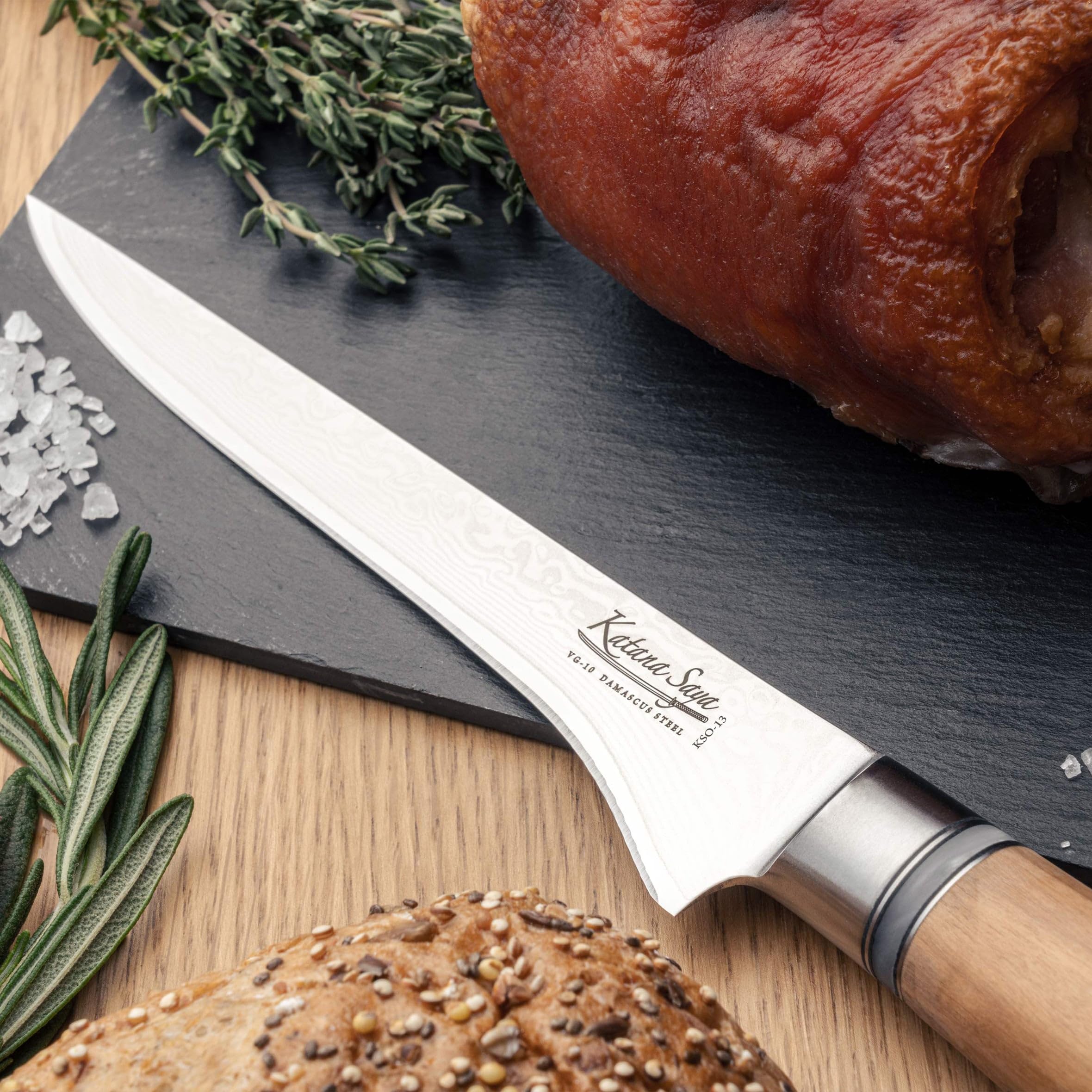 Nóż do trybowania Katana Saya 15 cm, 67-warstwowa stal damasceńska VG-10, rękojeść z drewna oliwnego