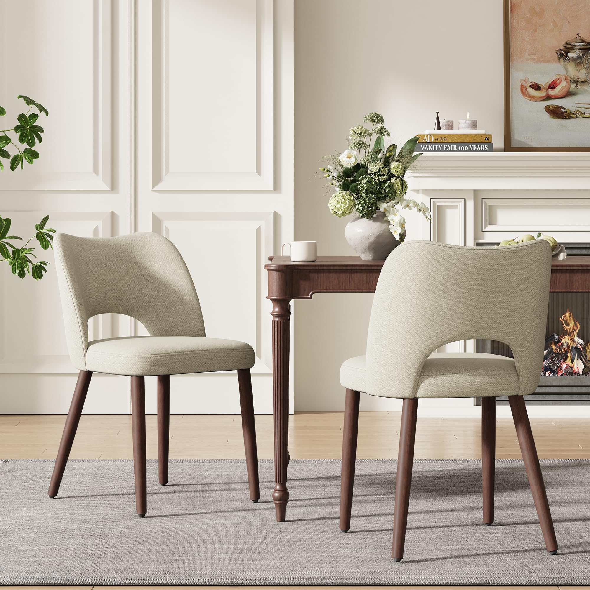 MALOL Upholstered Dining Chairs Set of 2, Fabric Chairs for Dining Room with Solid Wood Legs, Hollow Backrest and Thick Seat Cushion, Modern Kitchen Chair with Anti-Slip Pads, Light Camel