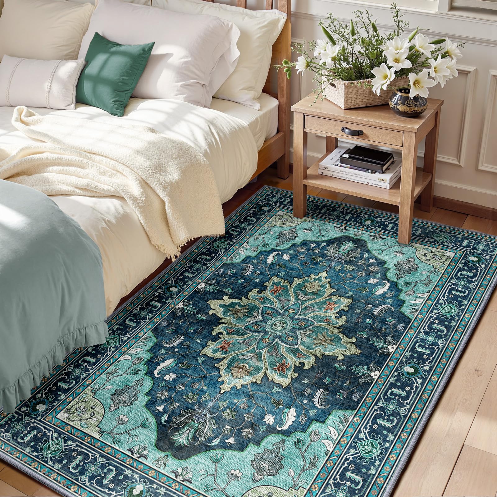 RELEANY Area Rugs 3'x5' Washable Non-Slip, Floral Vintage Distress Print Pattern Medallion Carpet for Living Room Bedroom Dining Room, Teal Green Lake