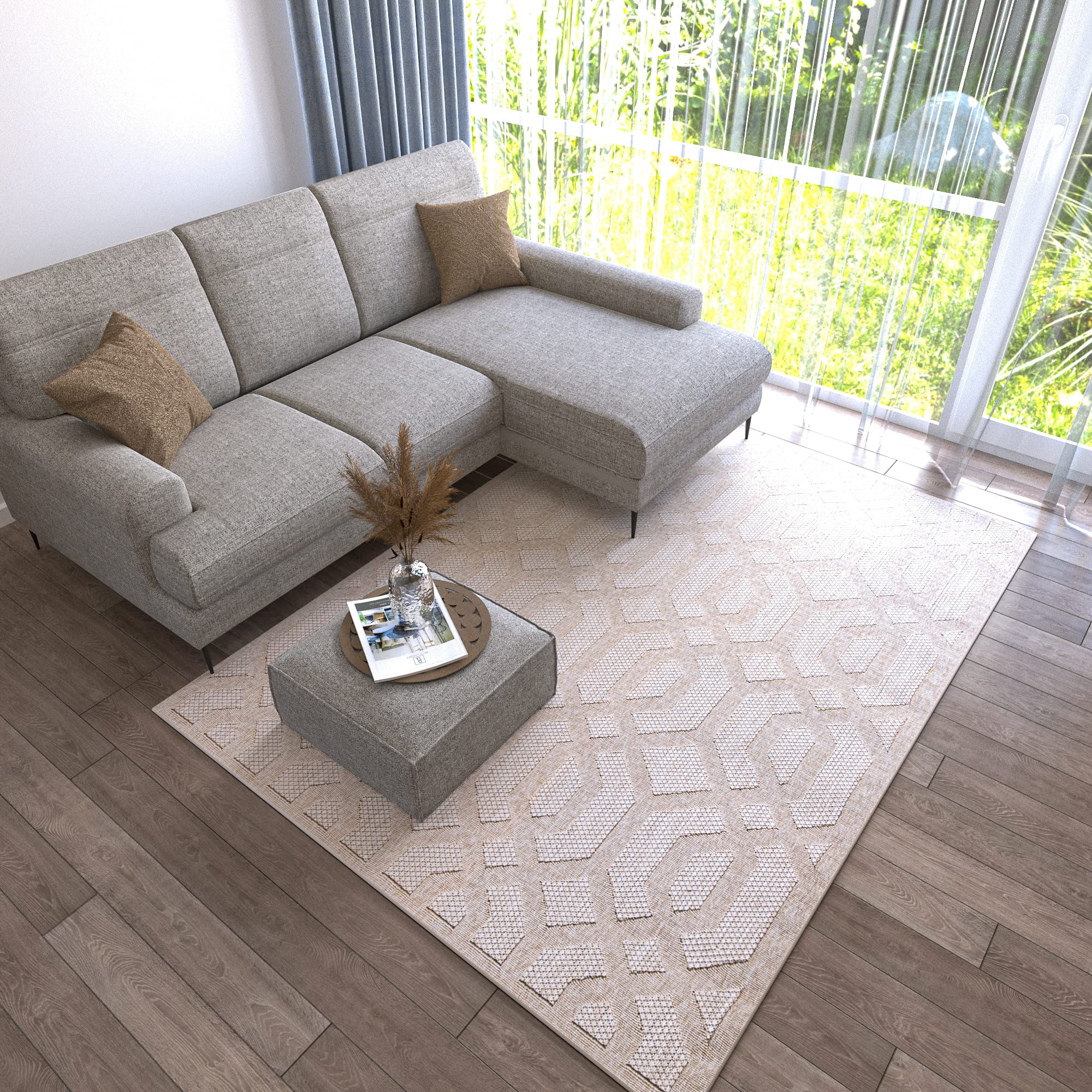 Mazovia Tappeto da Esterno Balcone 80x150cm Crema Geometrico Pelo Corto | Tappeto da Giardino per Terrazza Beige Resistente Alle Intemperie Facile da Pulire Resistente All'acqua Robusto Sintetico