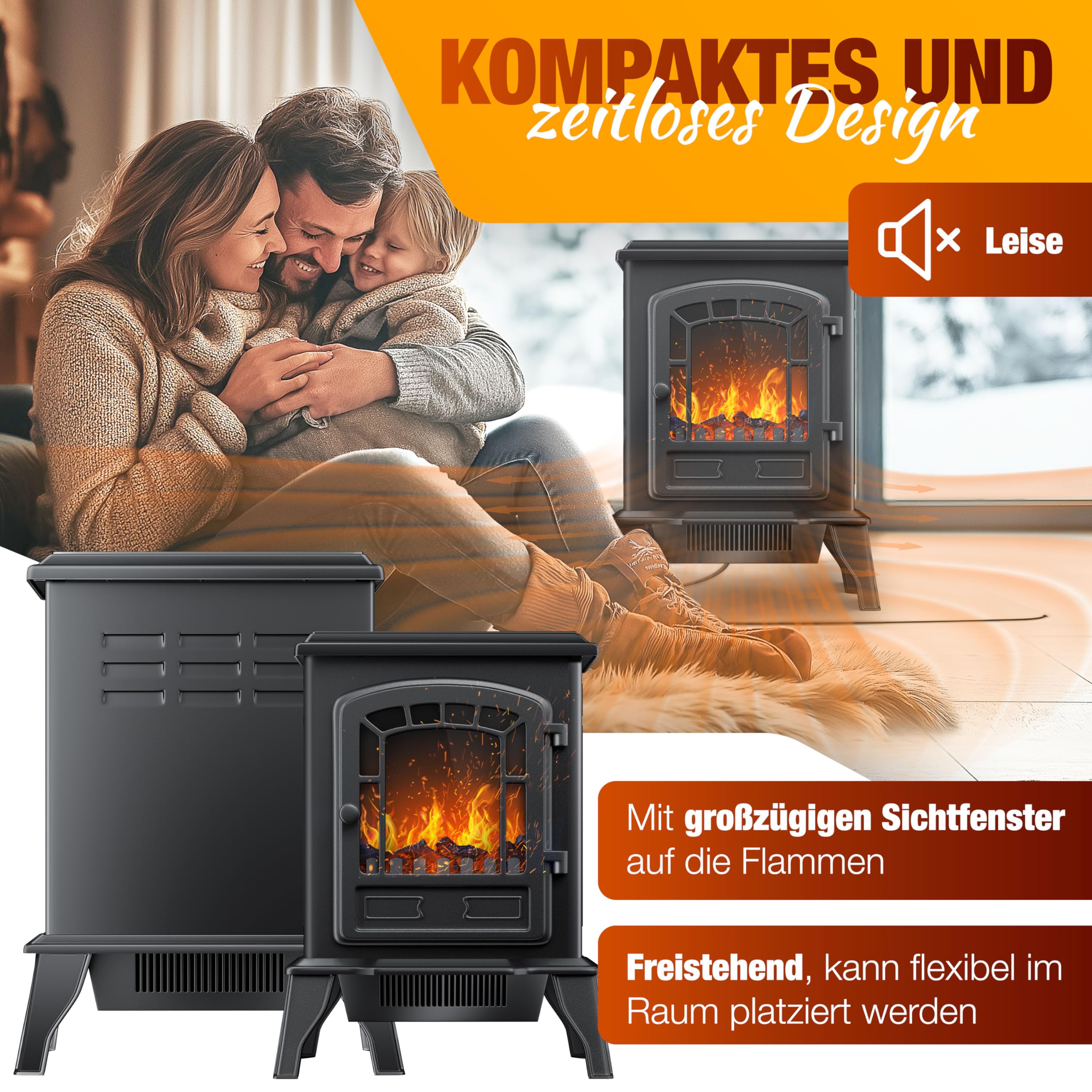 Kominek elektryczny KESSER® z termowentylatorem, kominek elektryczny 2000 W, ogrzewanie elektryczne LED efekt kominka, kominek, efekt płomienia, grzałka, piecyk, cichy, regulowany, czarny