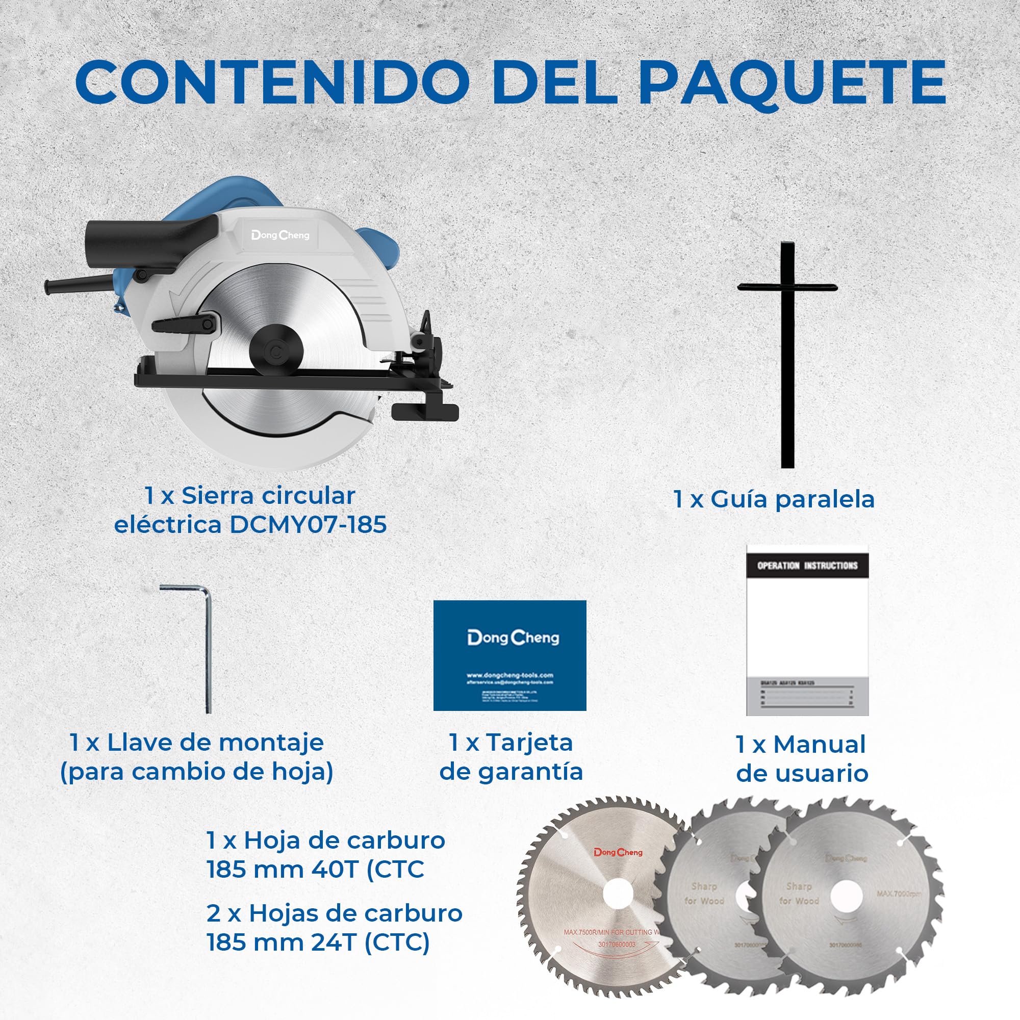 DongCheng Sierra Circular 1500W, Ø185mm, Profundidad de Corte 64mm, 5300 rpm, Inclinación 0-45°, 3 Hojas de Sierra, con Cable | 5300 rpm con 3 hojas de sierra de carburo (24T/40T), tope paralelo y aspiración de polvo para carpintería precisa