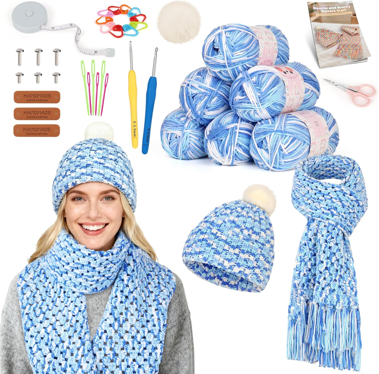 Katech Crochet Kit for Beginner-Crochet Kit for Adults - Complete Set Learn to Crochet Hat, Scarf, Knitting Starter Kit with Step-by-Step Instructions 6 Crocheting Yarn (Blue)