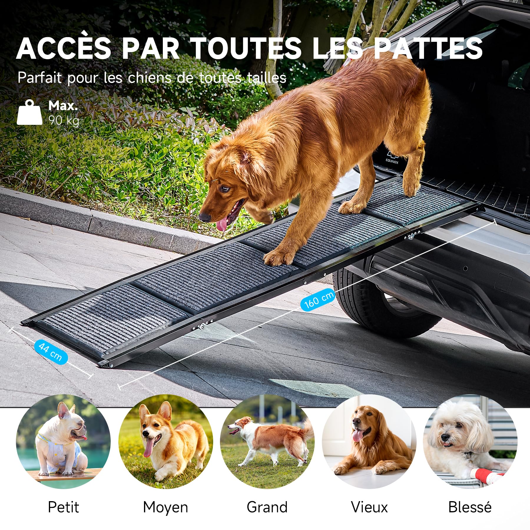 CO-Z 160×44 cm Rampe pour Chien Voiture Pliable Capacité 90 kg Surface Antidérapante Escalier Rampe D'accès Voiture pour Chiens Portable pour Animaux Grand Chien Chat Intérieure Extérieure