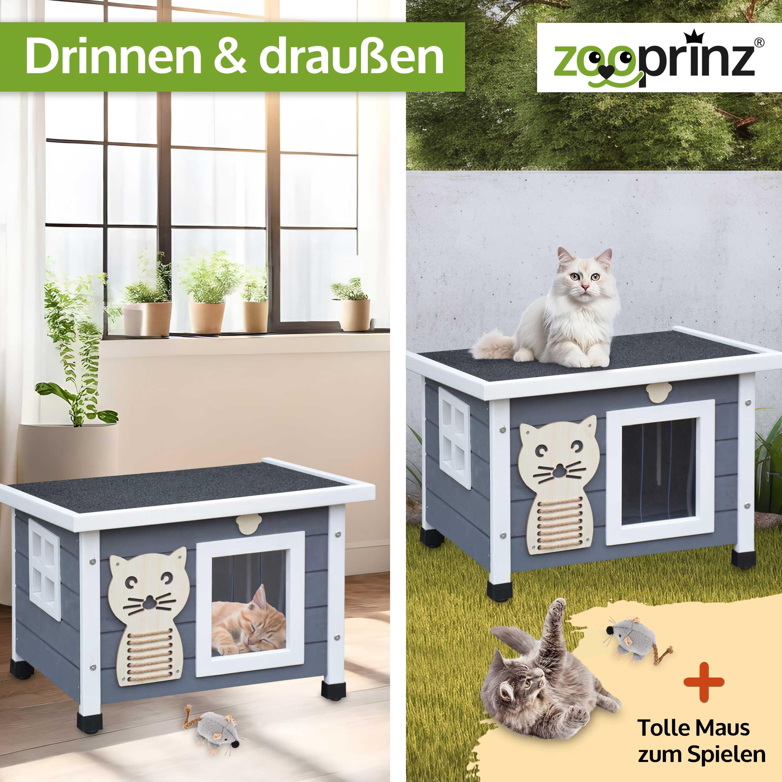 zooprinz Holz Katzenhaus – Katzenkiste mit Schwingtür, Grau-Weiß | Katzenbox mit Dach zum Öffnen, Fenster, Sisalband und Schwingtür – wetterfeste Hütte für Garten, Balkon, innen & draußen