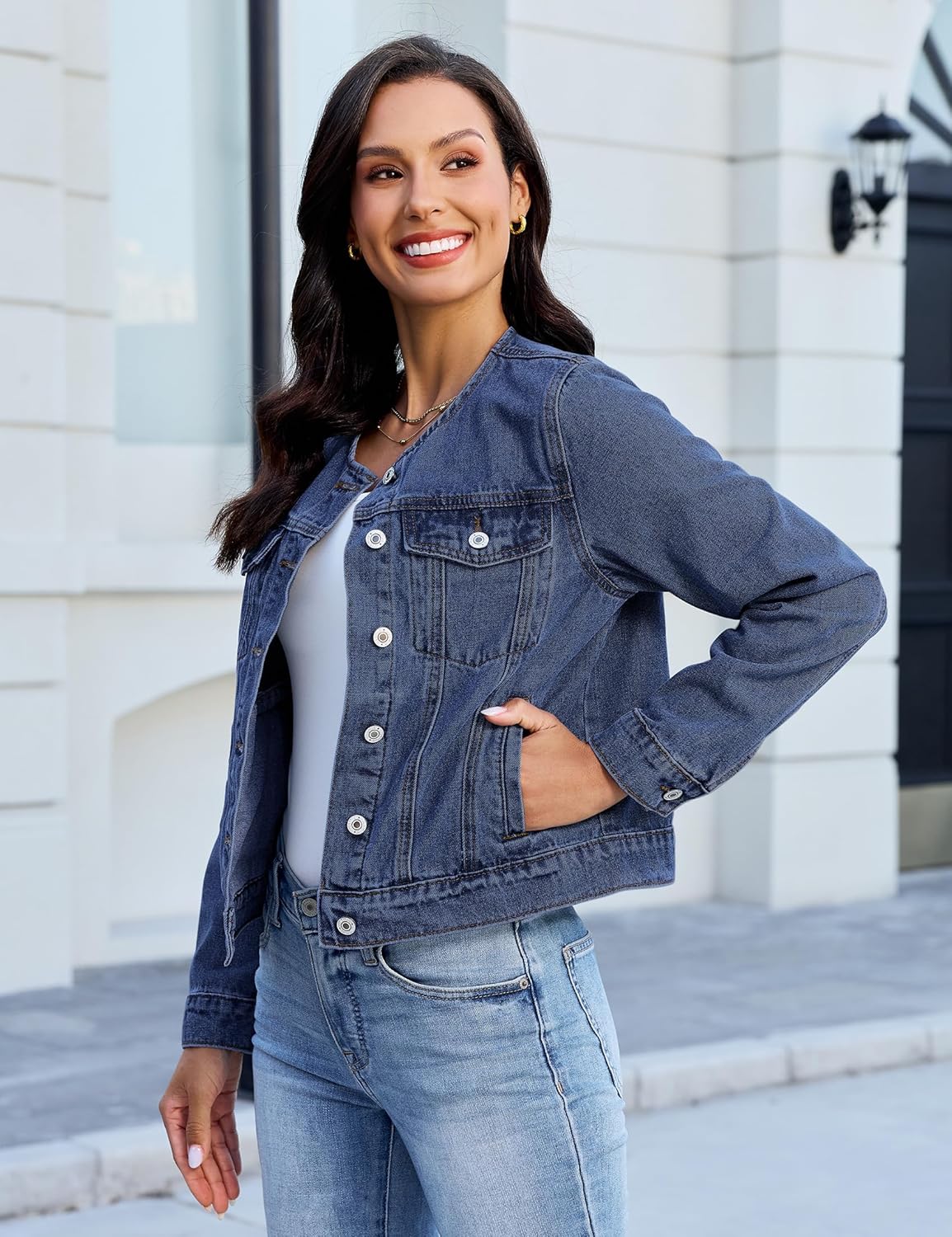 luvamia Jean Jacket Women Trendy Collarless Button Down Long Sleeve Casual Western Denim Jacket Country Concert Outfits - Image 3