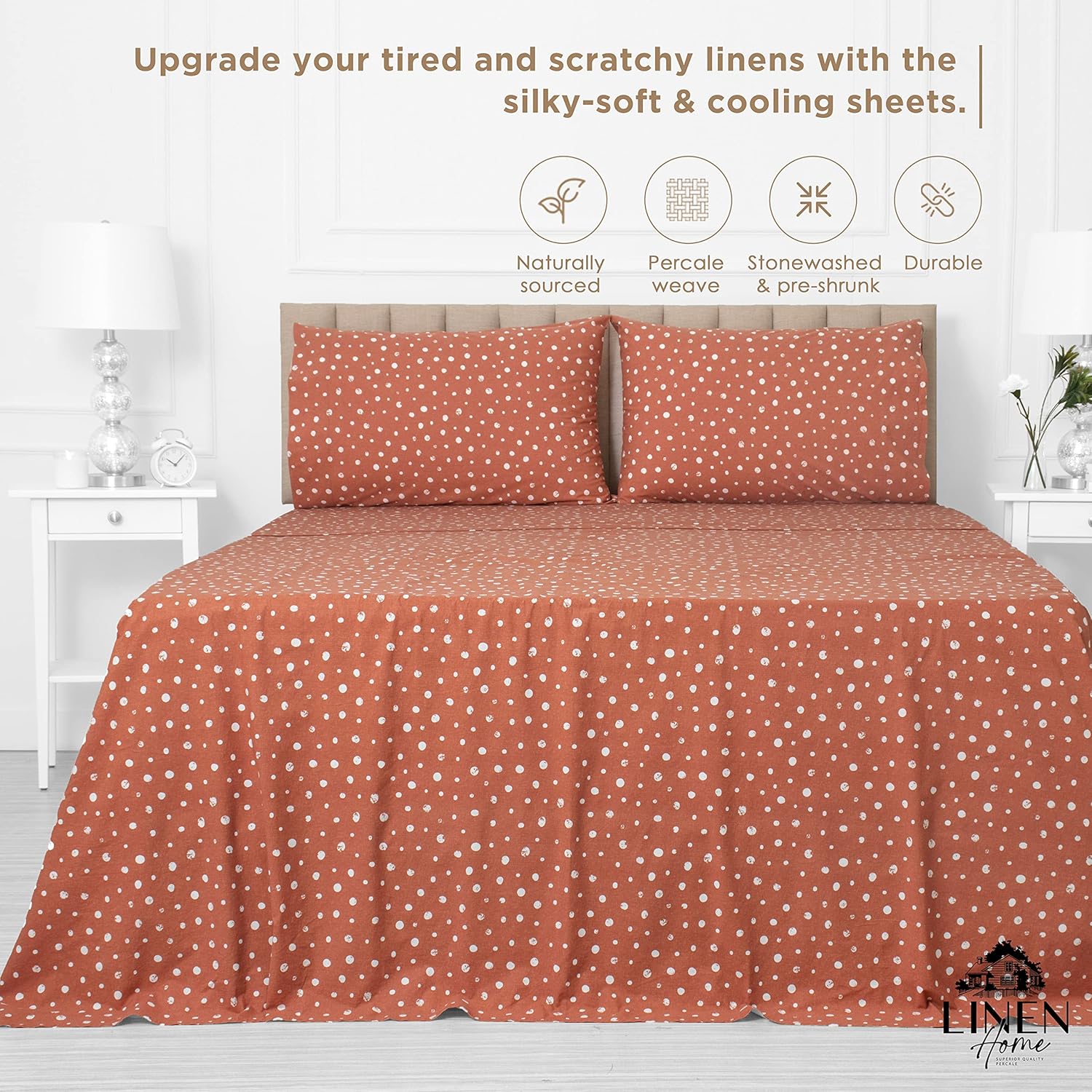 Linen Home Cotton Lyocell Blend Percale Printed Sheet Set, Pre-Washed & Shrunk, Cooling Bed Linen, King Size, 4 Pieces - 1 Flat, 1 Deep Pocket Fitted Sheet, 2 Pillowcases, Polka Cedarwood