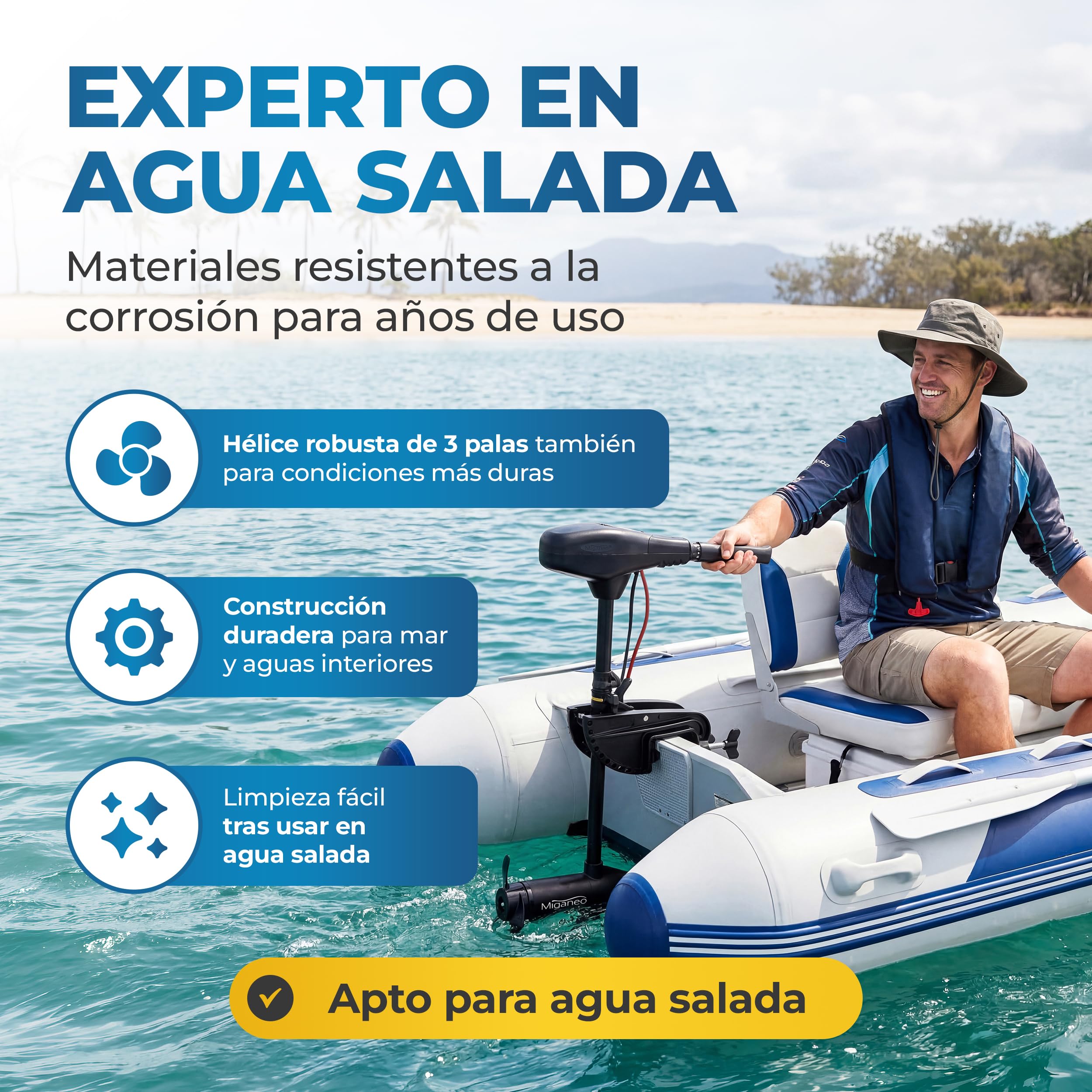 Miganeo® – Motor eléctrico TRS 68 lb (30 kg), 768 W con batería, LED de 12 V ,30,9 kp, apto para agua salada