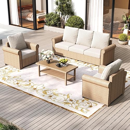 Patio Furniture Set 4 pcs, Wicker Rattan Sofa with 5.5” Thick Waterproof Cushions, 2 Chairs and Coffee Table, All Weather Outdoor Conversation Set for Backyard Deck, 5 Seats Beige