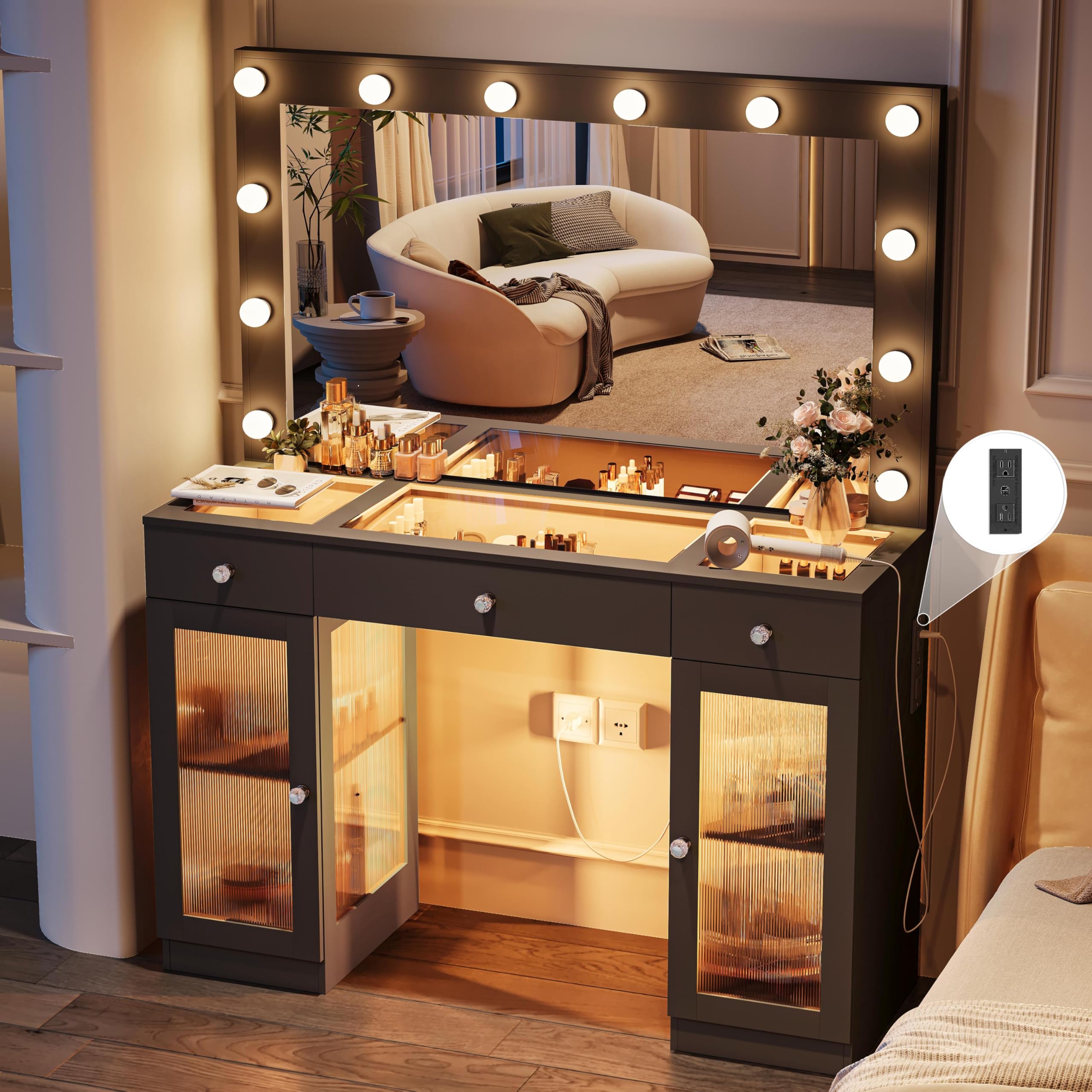 Vanity Desk with Large Mirror and Lights, Glass Top Makeup Vanity with Lights & Power Outlet for Bedroom, 3 Color Lighting Modes, Black Dressing Table for Women