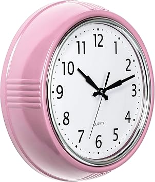 Bernhard Products Retro Wall Clock 9.5 Inch Pink Kitchen 50s Vintage Design Round Silent Non Ticking Battery Operated Quality Quartz for Home Office Baby Nursery Girls Room Classroom, Easy to Read