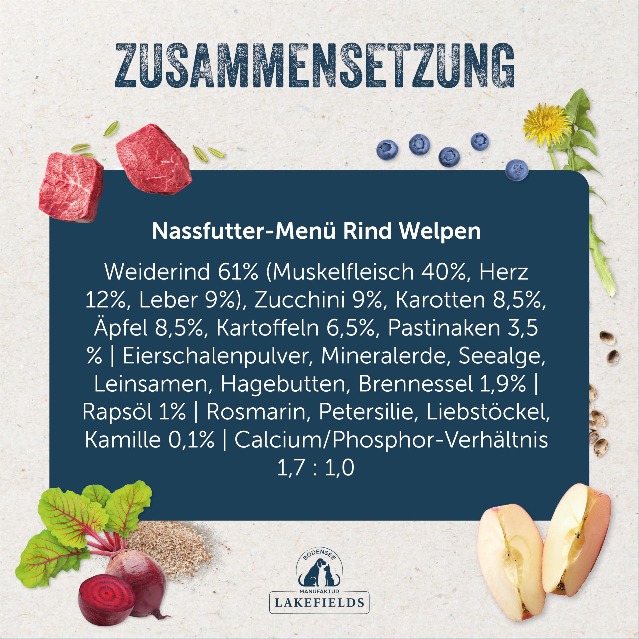 Lakefields Nourriture humide de qualité supérieure pour chiots - Bœuf 61 % - 6 x 800 g - Sans céréales - Ingrédients naturels de qualité alimentaire - Pommes, courgettes et carottes - Cuites