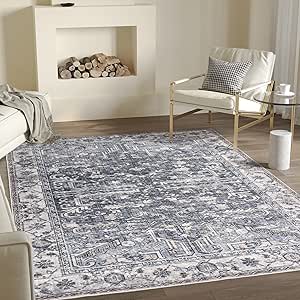 Valenrug Washable Rug 5x7 - Ultra-Thin Antique Collection Area Rug, Stain Resistant Rugs for Living Room Bedroom, Distressed Vintage Rug(Blue, 5'x7')