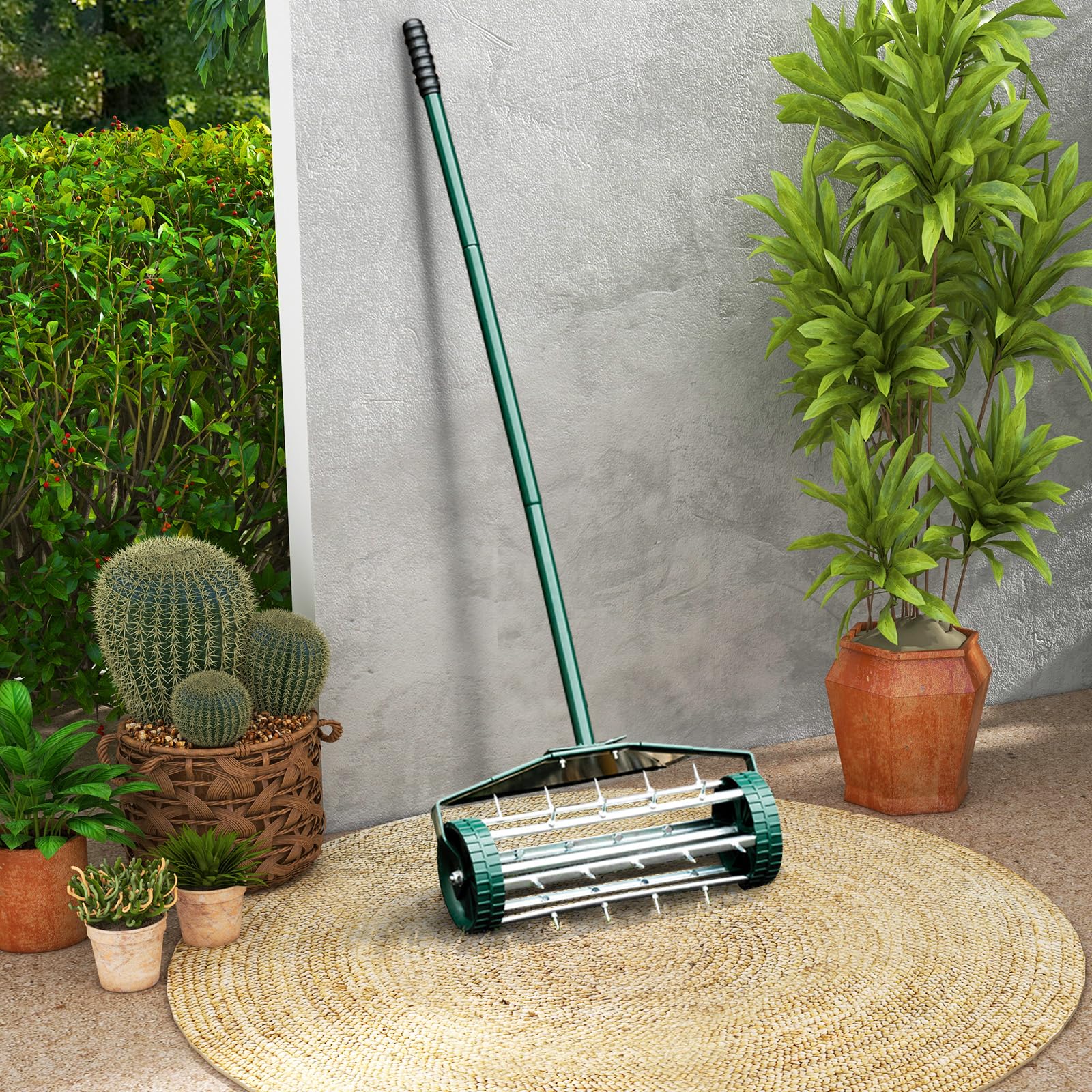 GYMAX Aeratore per Prato, Rullo a Spine di Metallo, 46x23x127 cm, Verde