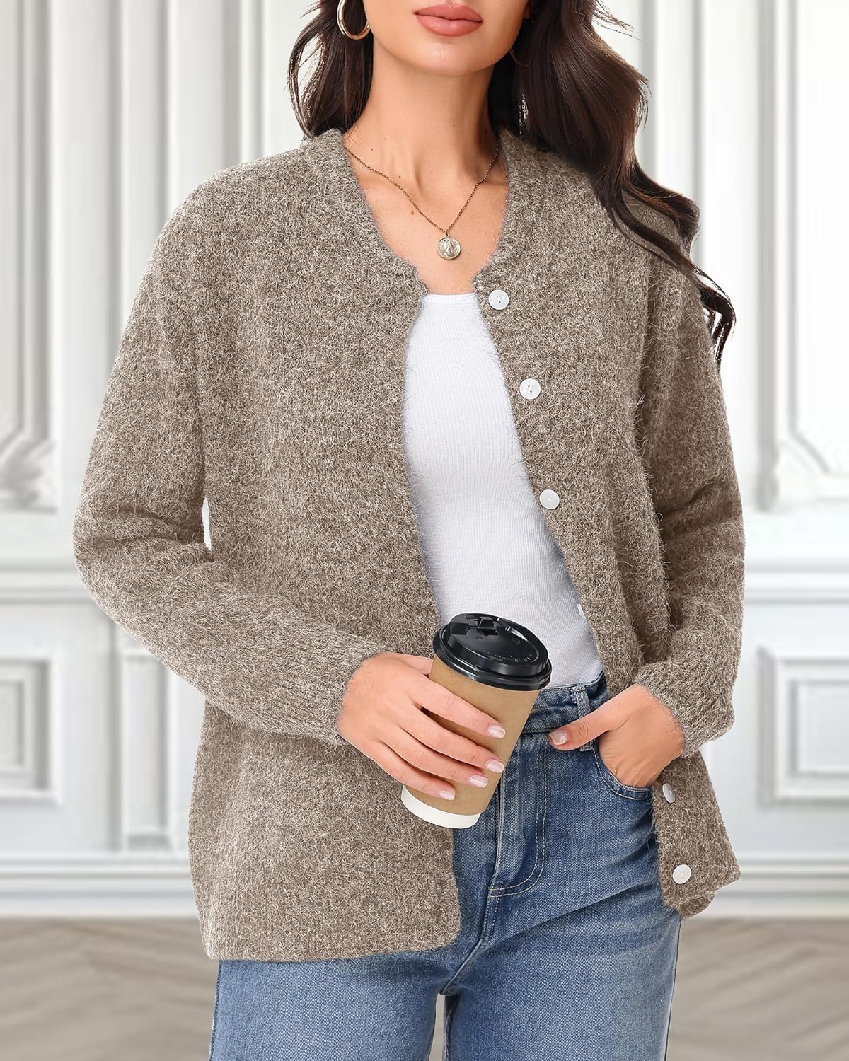 Women's Long Sleeve Sweater Cardigan Button Down Crew Neck Lightweight Cardigan Fall Open Front Loose Knit Sweater - Image 2