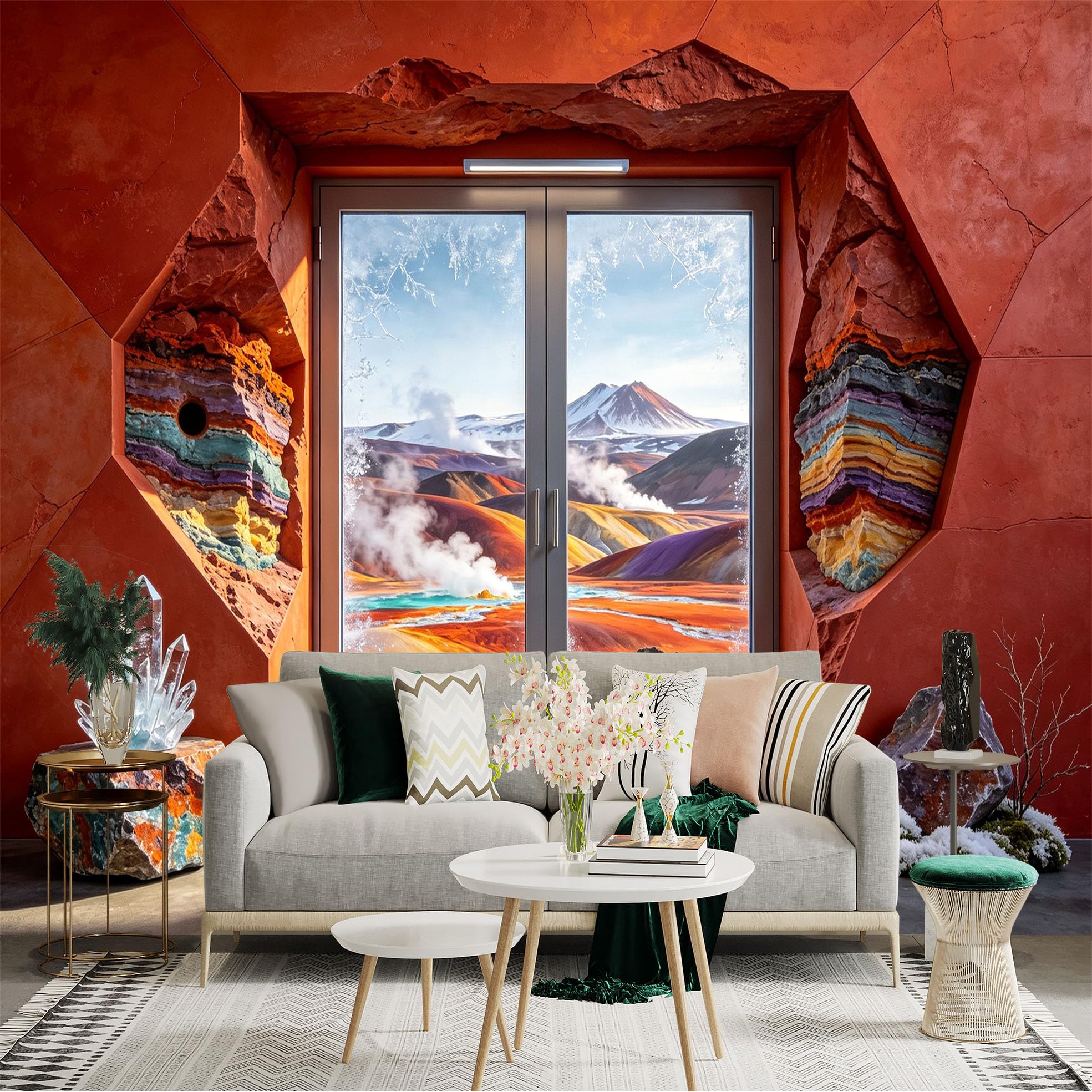 Custom Size Wall Sticker Mural， Colorful Mountain Landscape， Volcanic Valley and Scenic Doorway， for wall Decoration， peelandstick wall Decals.