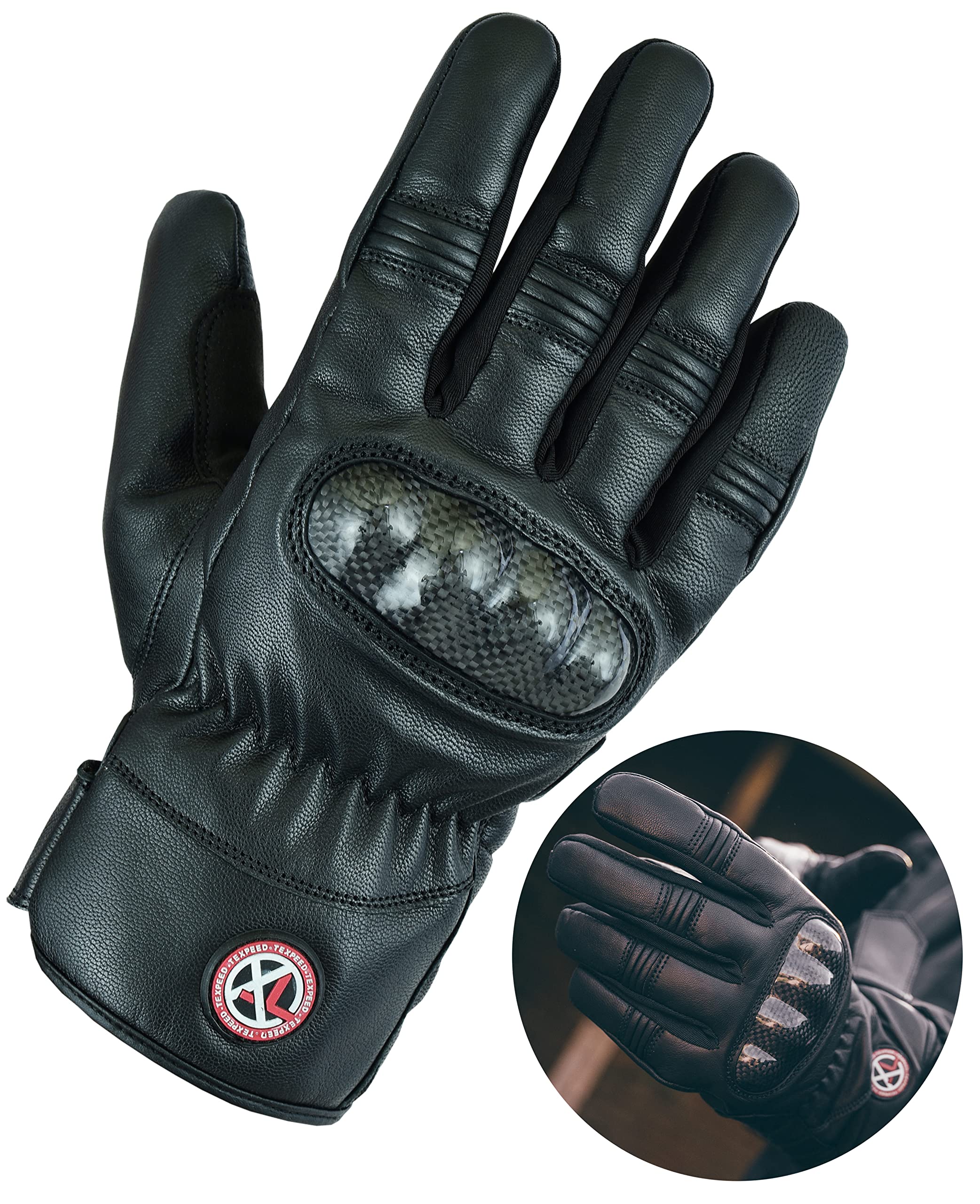 Texpeed Guanti Vera Pelle Moto Uomo - Guanti Da Ciclomotore Impermeabili Con Armatura CE - Inverno o estate - Nero - Polsino cortot - XL