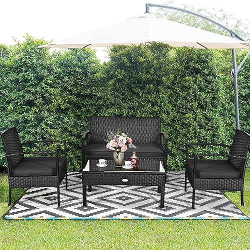 Miniatura 9 de HAPPYGRILL Juego de muebles de patio de 4 piezas, juego de conversación de mimbre de ratán para jardín, piscina, césped, sofá biplaza, asiento