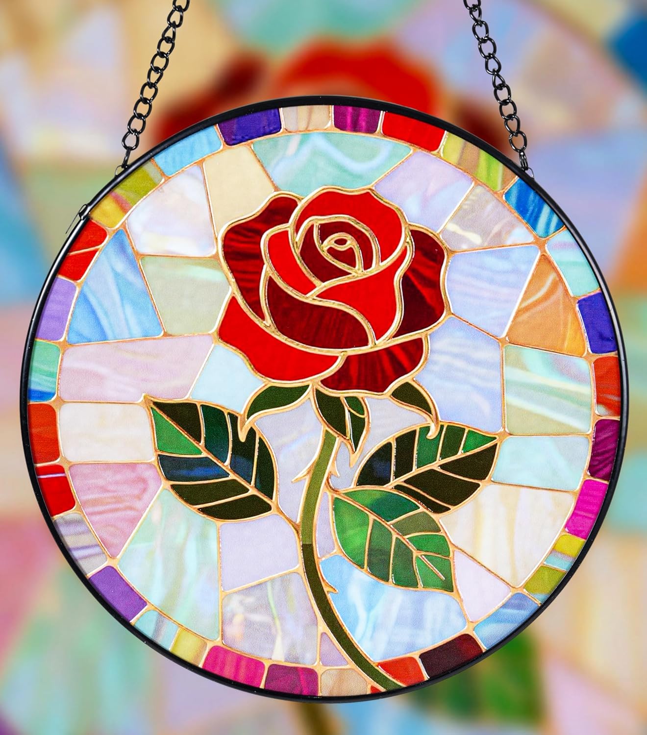 Stained Glass Window Hanging, Red Rose Suncatcher 7.8 in Sun Catcher Glass Panel Boho Wall Art Decor with Chain Diamond Glass Panel Hangings Scenery Sun Catchers Decor for Lover Couple Mom
